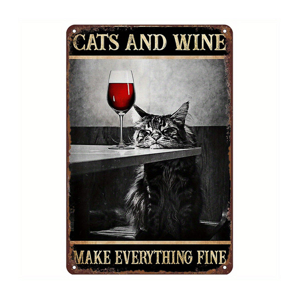 PurrDecor Vintage Katzen- und Weinschild aus Metall in mehrfarbig für die Wandmontage, B/H: 30 x 30 x 2 cm - Bild 1