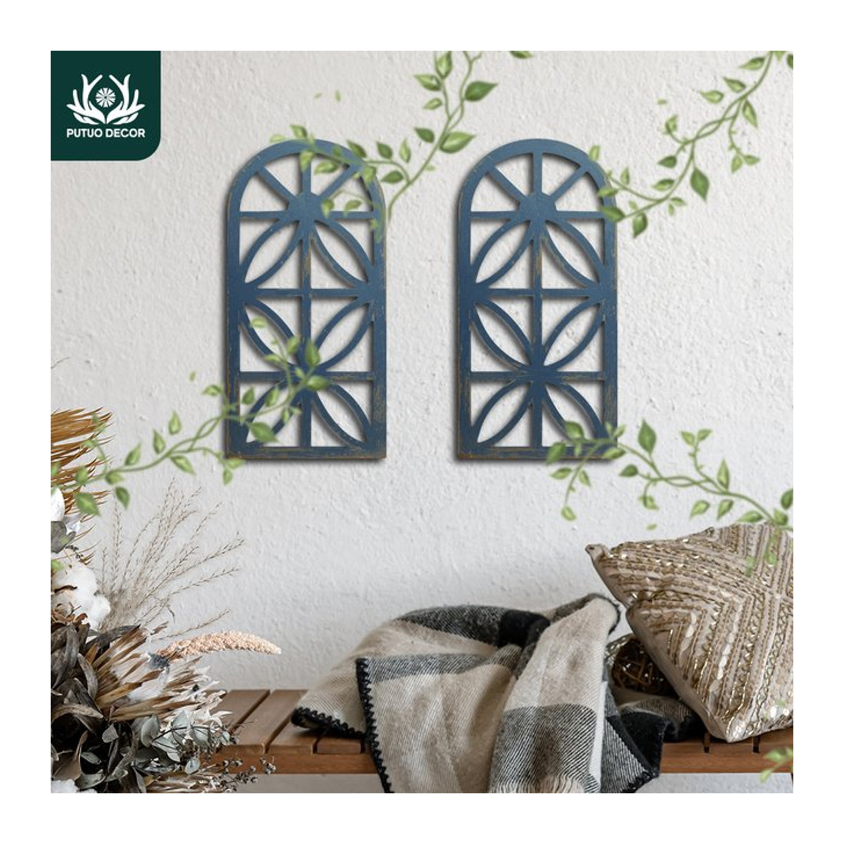 Putuo Decor 2-teiliges Holz-Hängeschild im Landhaus-Stil, Wandkunst-Dekoration in Blau - Bild 1