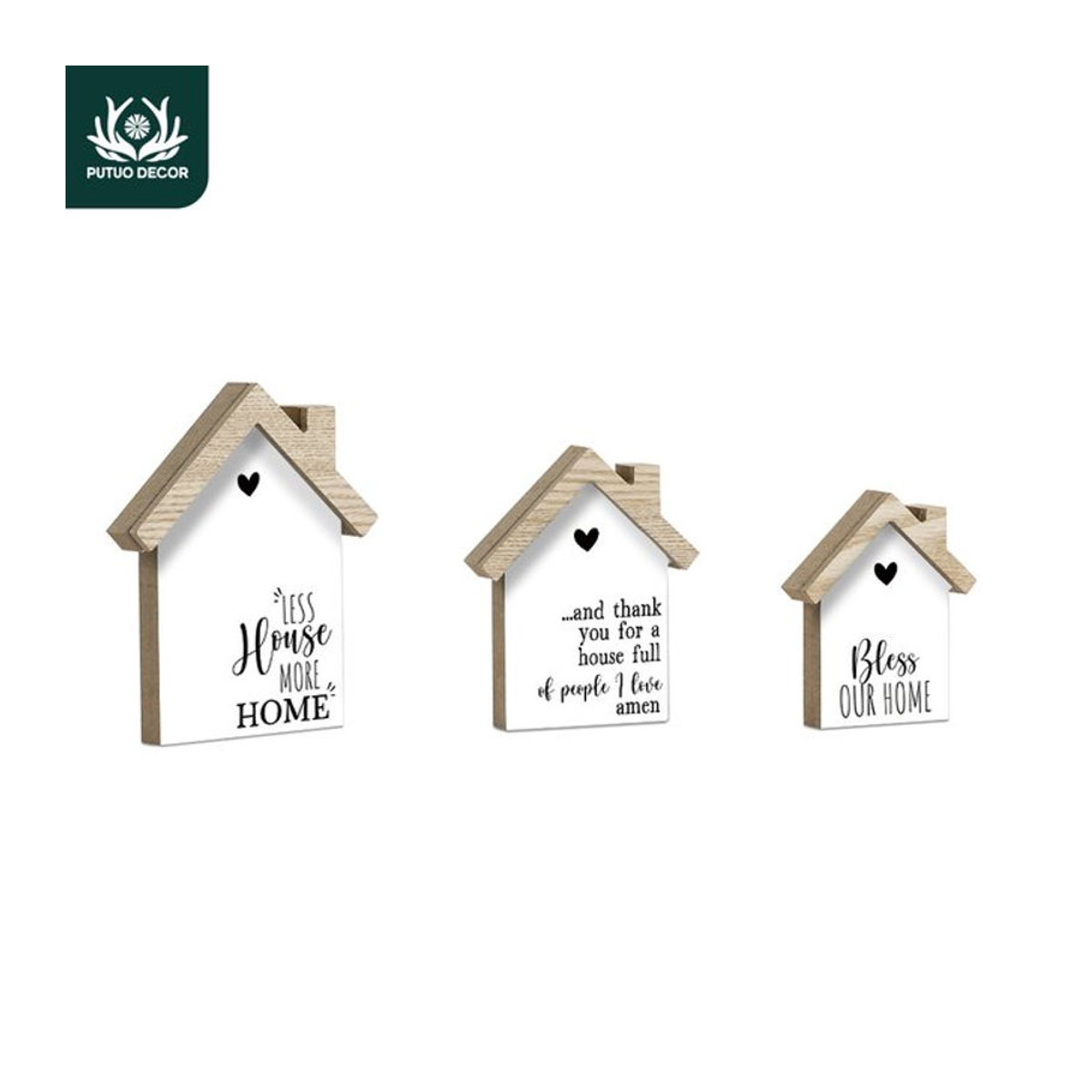Putuo Decor 3-teiliges Tischdekorations-Set aus Holz in Hausform, weiß, Landhausstil - Bild 1