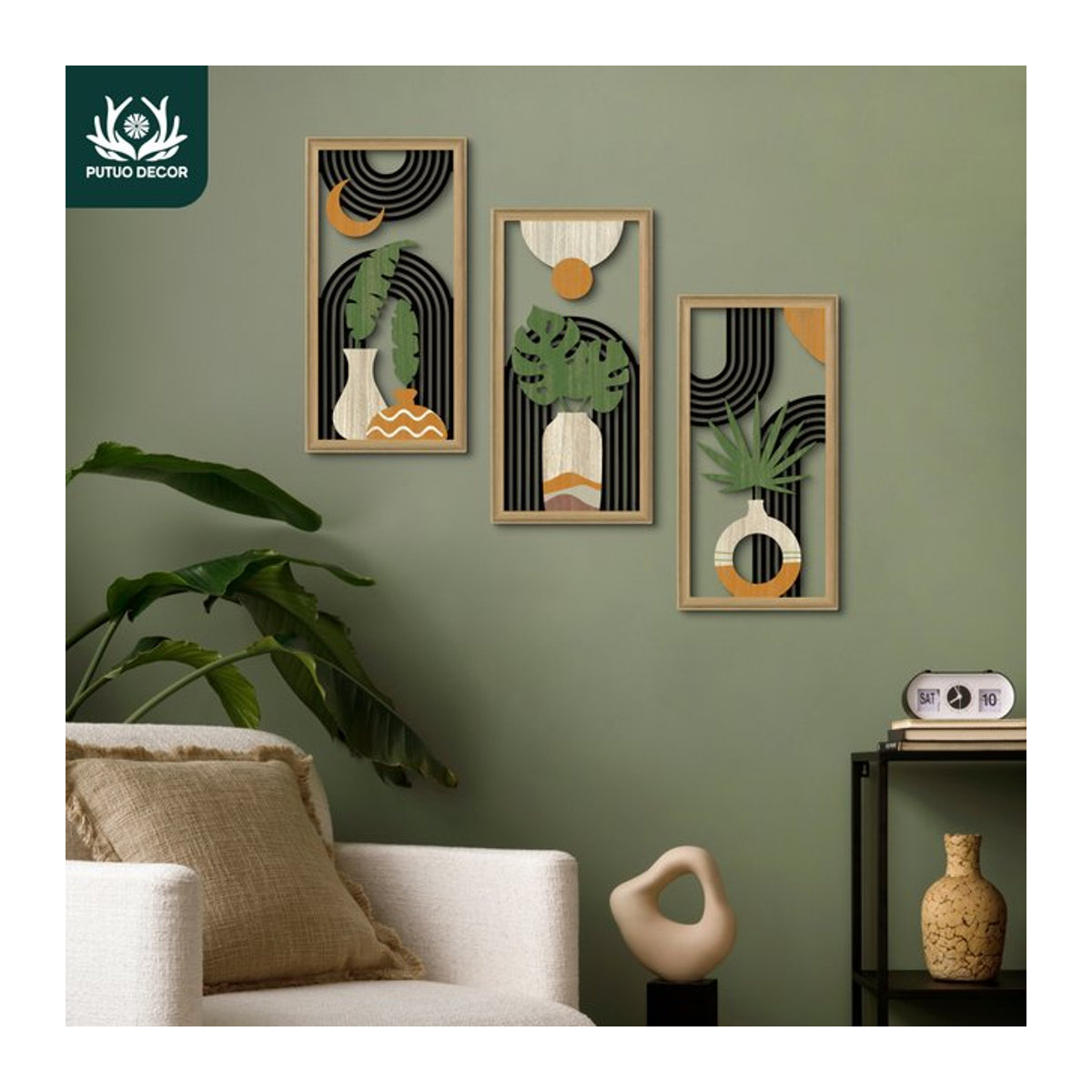 Putuo Decor 3er Set Boho Hollow Wandkunst aus Holz in Braun, abstrakte rechteckige Holzgemälde zur Wandmontage für dein Zuhause - Bild 1