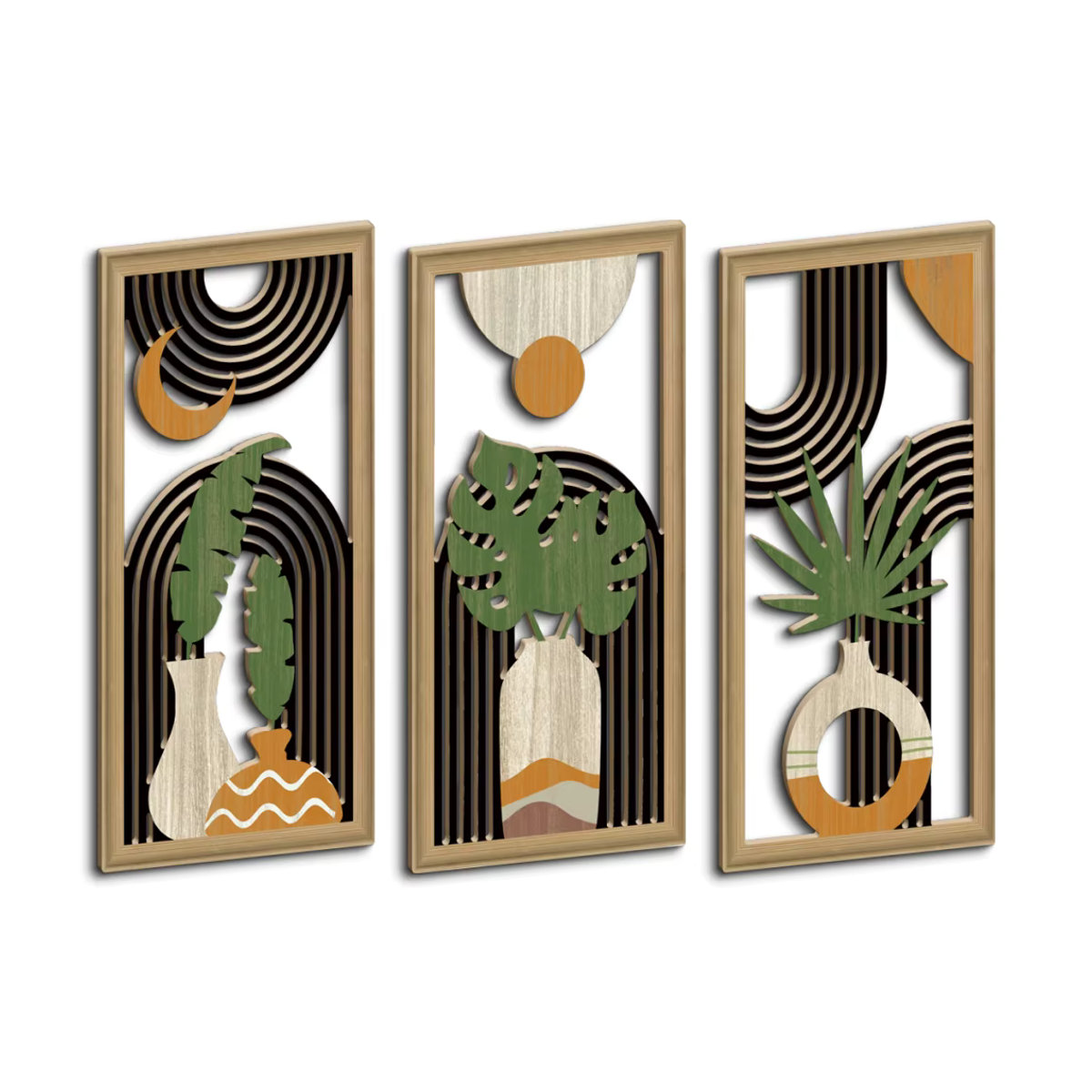 Putuo Decor 3er Set Boho Hollow Wandkunst aus Holz in Braun, abstrakte rechteckige Holzgemälde zur Wandmontage für dein Zuhause - Bild 2