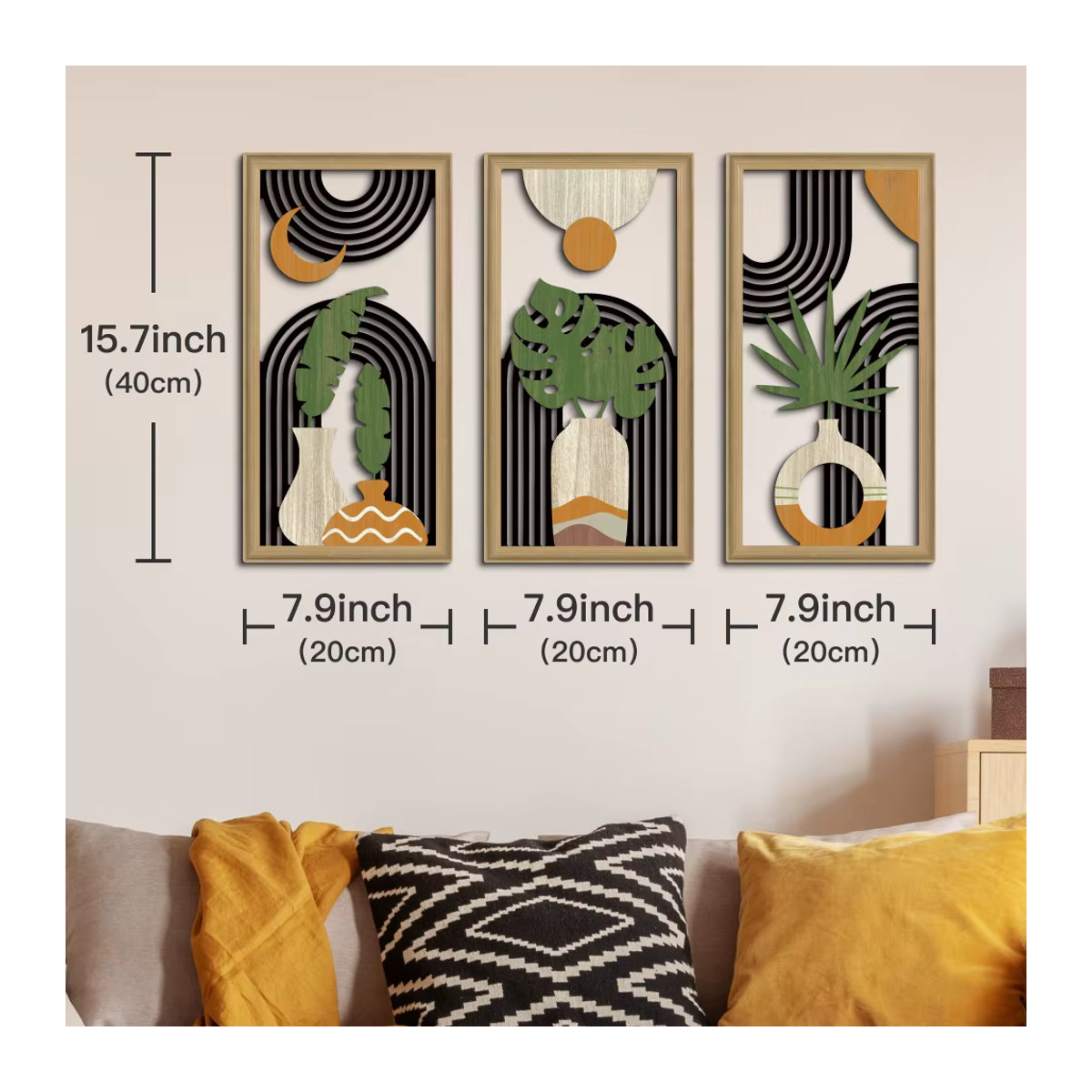 Putuo Decor 3er Set Boho Hollow Wandkunst aus Holz in Braun, abstrakte rechteckige Holzgemälde zur Wandmontage für dein Zuhause - Bild 3
