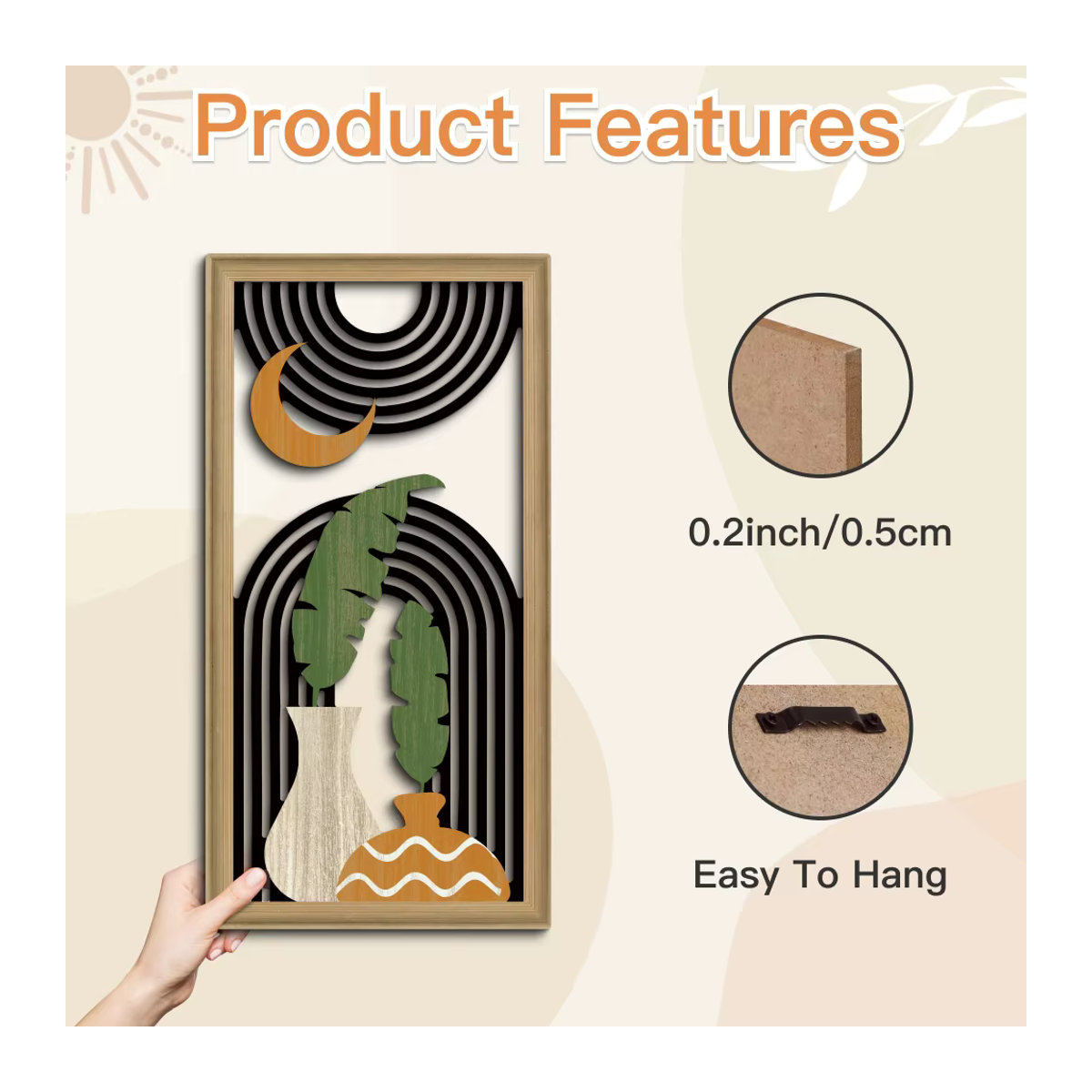 Putuo Decor 3er Set Boho Hollow Wandkunst aus Holz in Braun, abstrakte rechteckige Holzgemälde zur Wandmontage für dein Zuhause - Bild 4