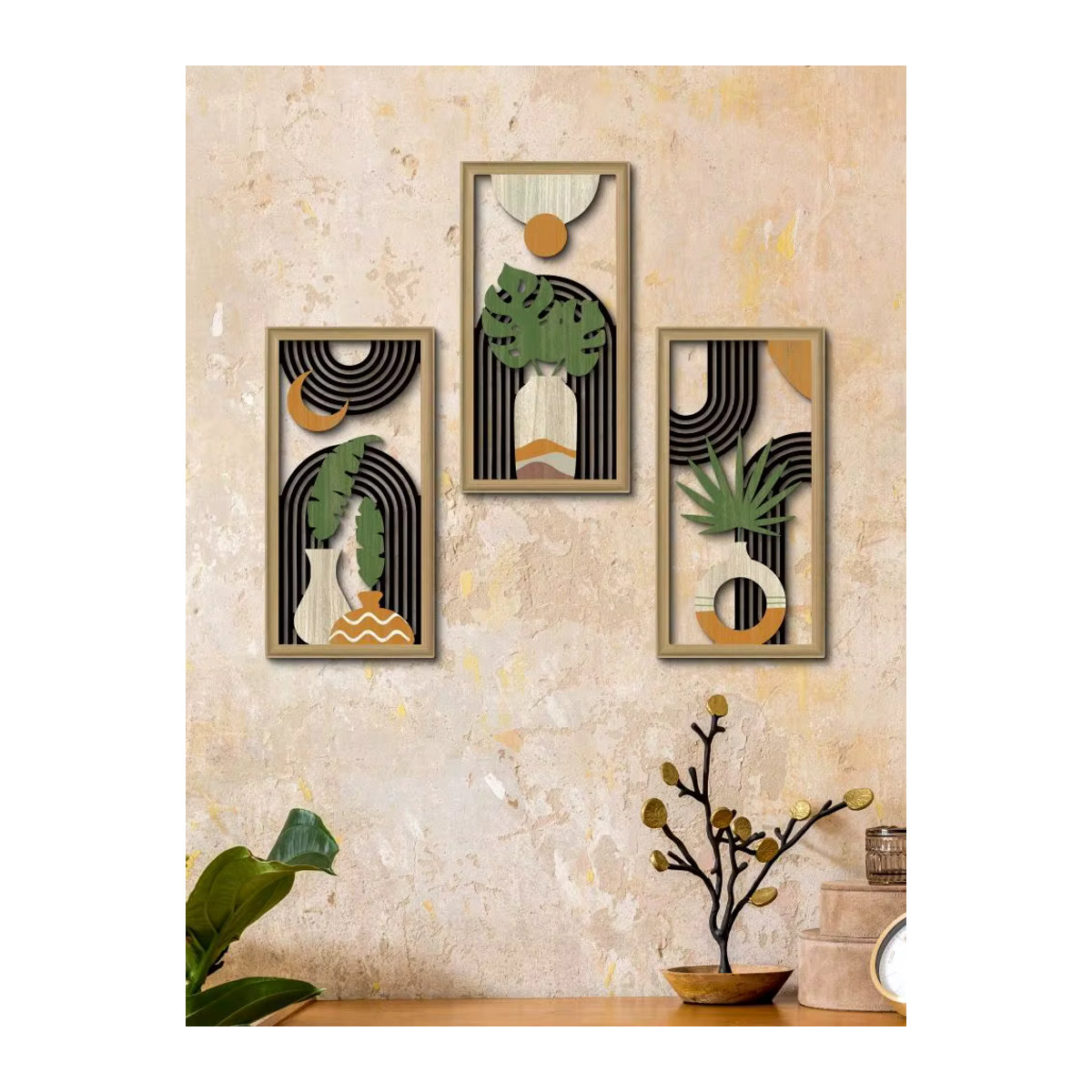 Putuo Decor 3er Set Boho Hollow Wandkunst aus Holz in Braun, abstrakte rechteckige Holzgemälde zur Wandmontage für dein Zuhause - Bild 6