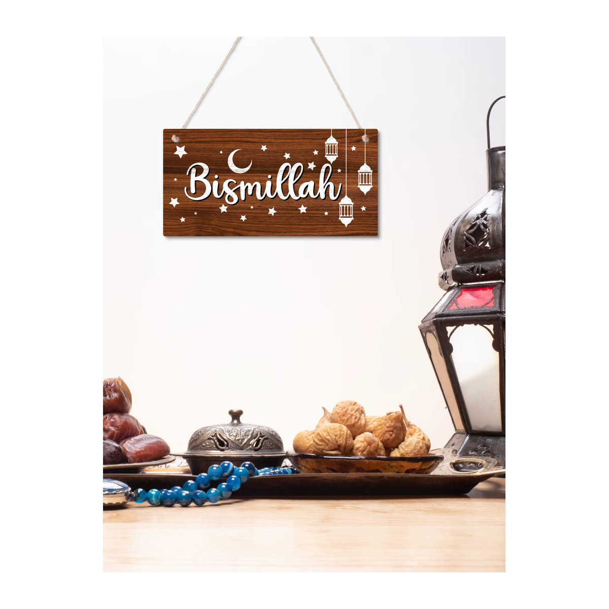 Putuo Decor Bismillah Holzschild in Braun als hängende Wandkunst im Landhausstil für Wohnzimmer und Esszimmer - Bild 4