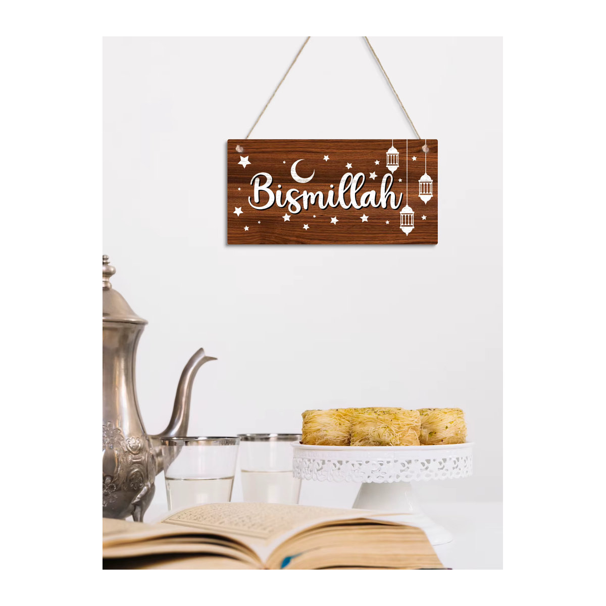 Putuo Decor Bismillah Holzschild in Braun als hängende Wandkunst im Landhausstil für Wohnzimmer und Esszimmer - Bild 5