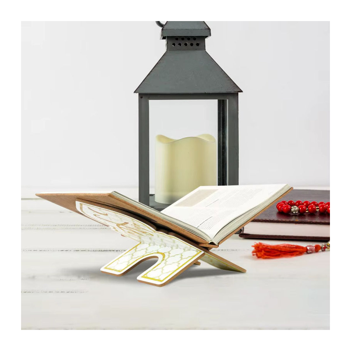 Putuo Decor Buchständer aus Holz in Weiß mit orientalischem geometrischem Design - Bild 3
