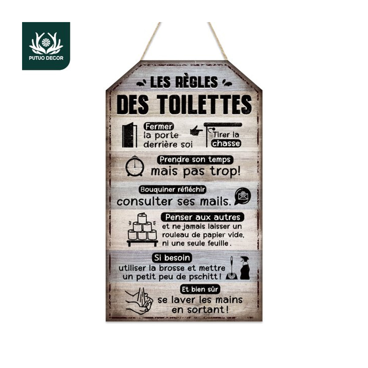 Putuo Decor Hängendes Holzschild Les Regles Des Toilettes in Rustikalem Design, Mehrfarbig - Bild 1