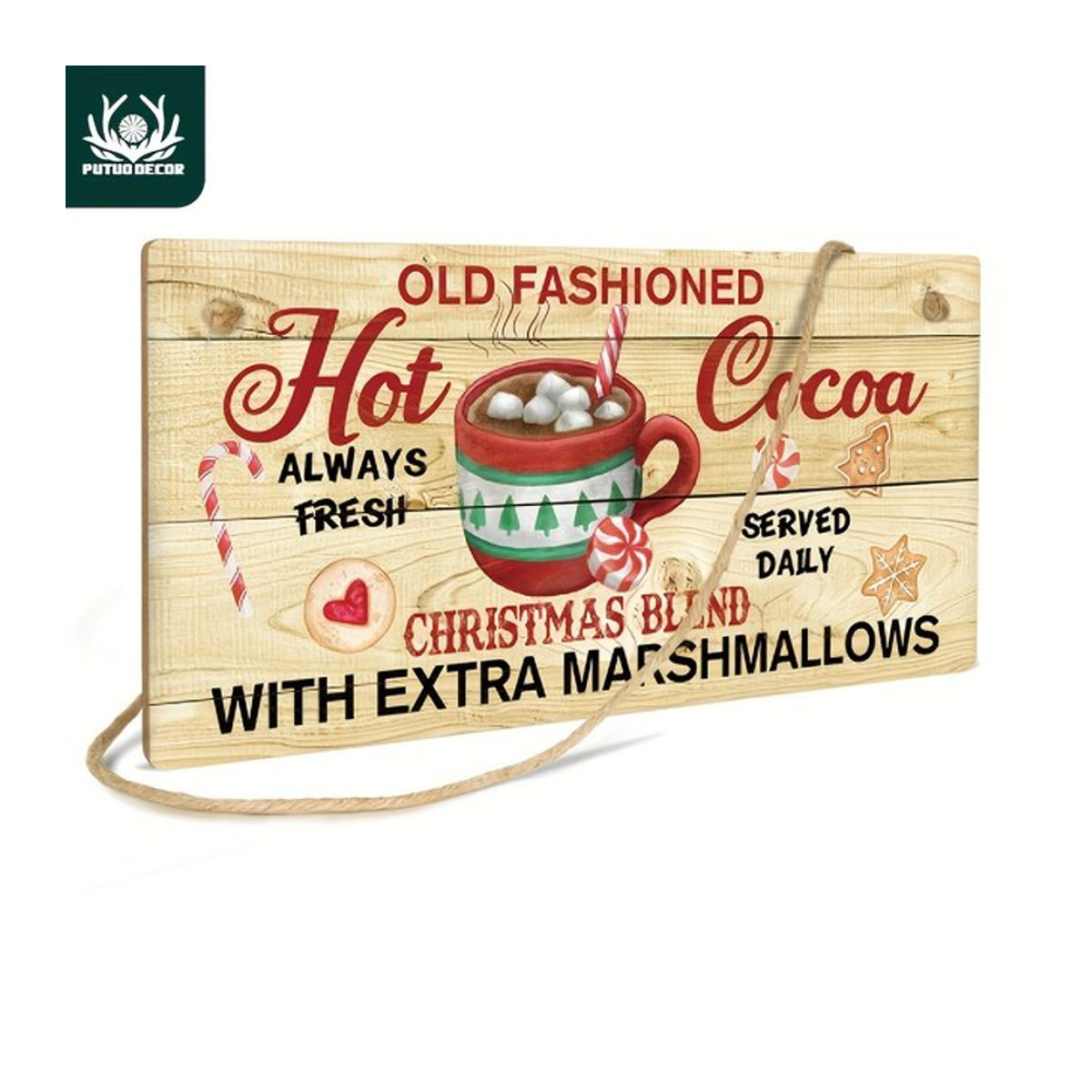 Putuo Decor Holzschild Hot Cocoa Rezept in Beige als Vintage Wanddekoration zum Aufhängen für Küche und Bar - Bild 1