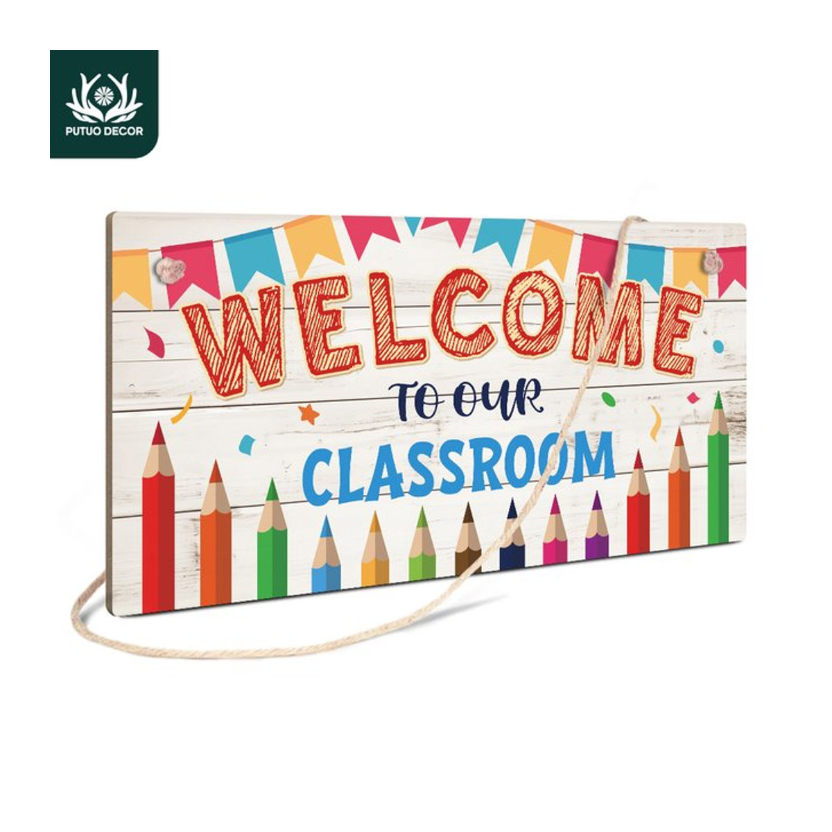 Putuo Decor Holzschild Willkommen in unserem Klassenzimmer als hängende Wanddekoration für Kinder, mehrfarbig und rechteckig - Bild 1