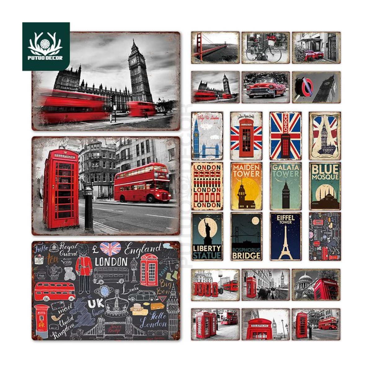 Putuo Decor London Vintage Metall Poster Plakette, mehrfarbig, Wanddekoration im Hochformat, B: 19,81 cm, H: 29,97 cm - Bild 1