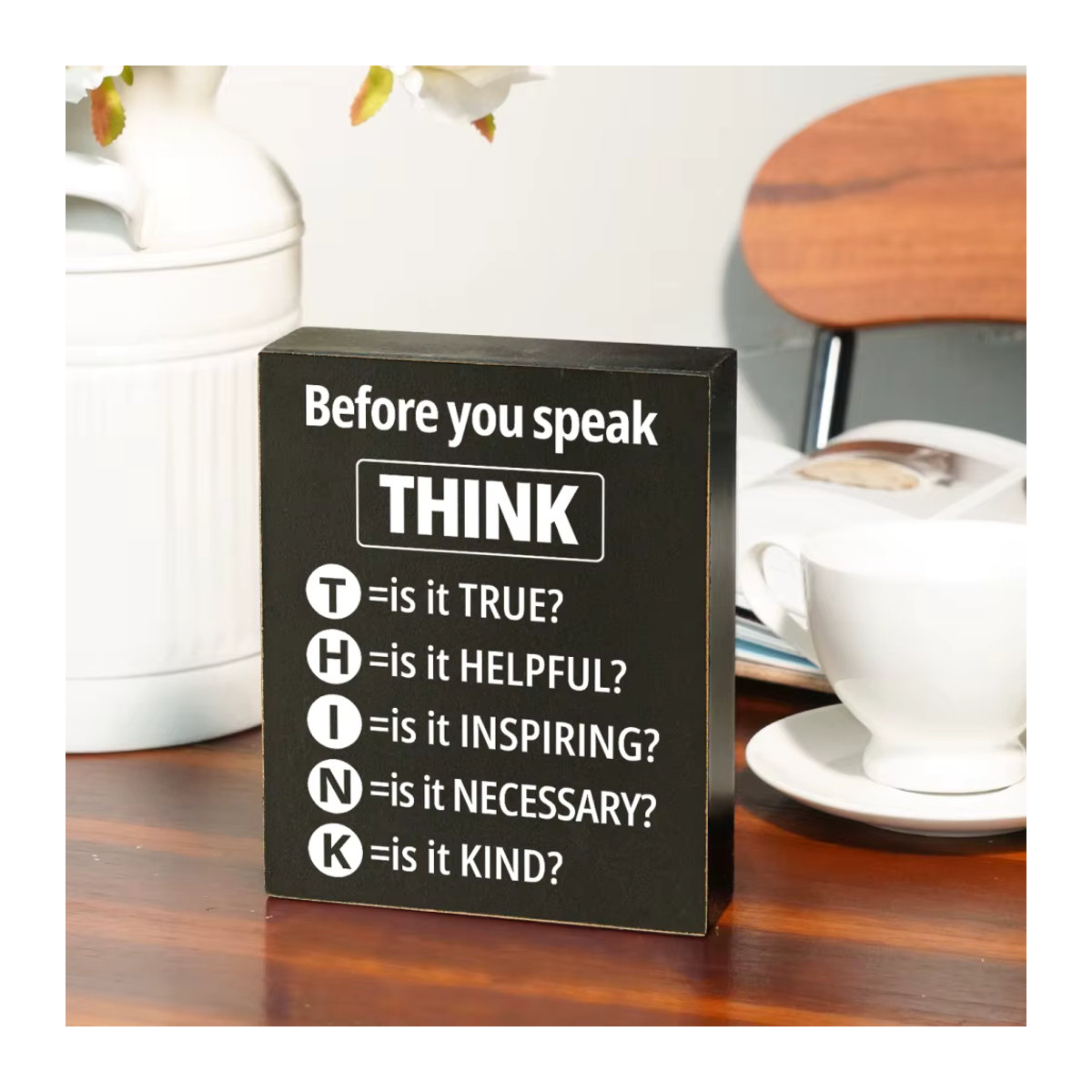 Putuo Decor Motivationsschild aus Holz Before You Speak Think in Schwarz als dekorative Tischdekoration für Schreibtisch und Regal - Bild 3