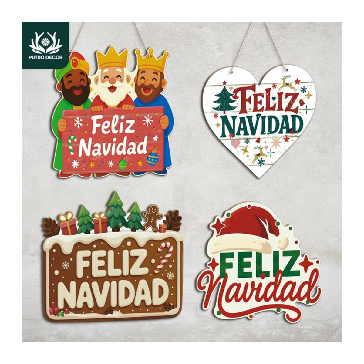 Putuo Decor Spanisches Weihnachts-Hängeschild aus Holz mit Feliz Navidad Schriftzug, mehrfarbig - Bild 1