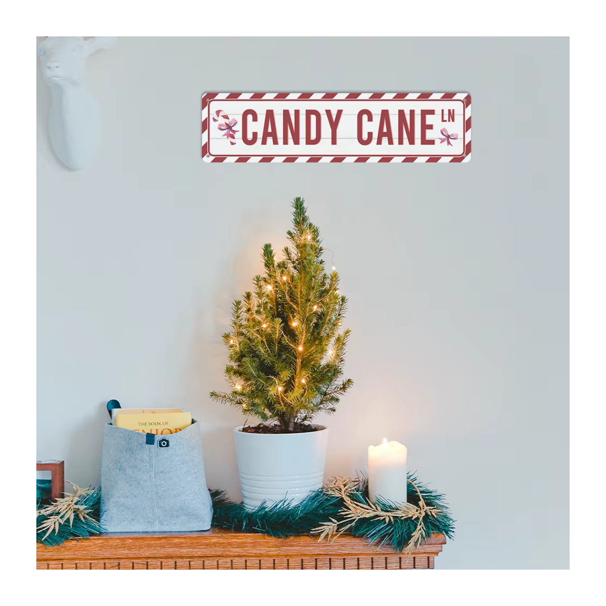 Putuo Decor Vintage Metallblechschild Frohe Weihnachten mit Zuckerstangen, Wanddekoration in Weiß, B: 9,9 cm, H: 39,9 cm - Bild 2