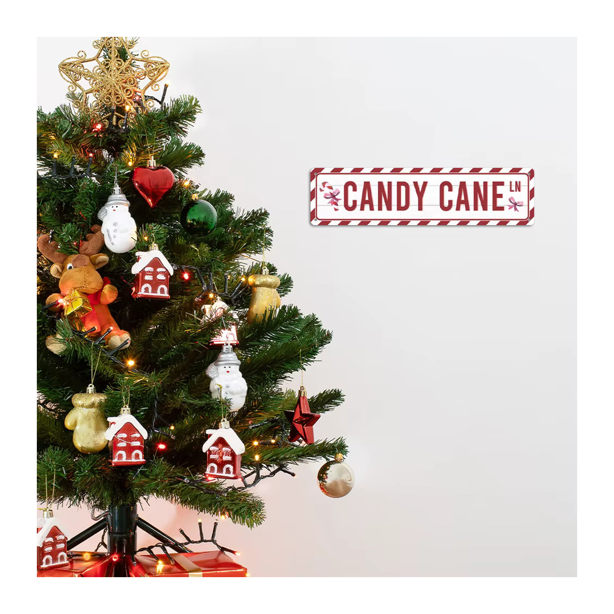 Putuo Decor Vintage Metallblechschild Frohe Weihnachten mit Zuckerstangen, Wanddekoration in Weiß, B: 9,9 cm, H: 39,9 cm - Bild 3