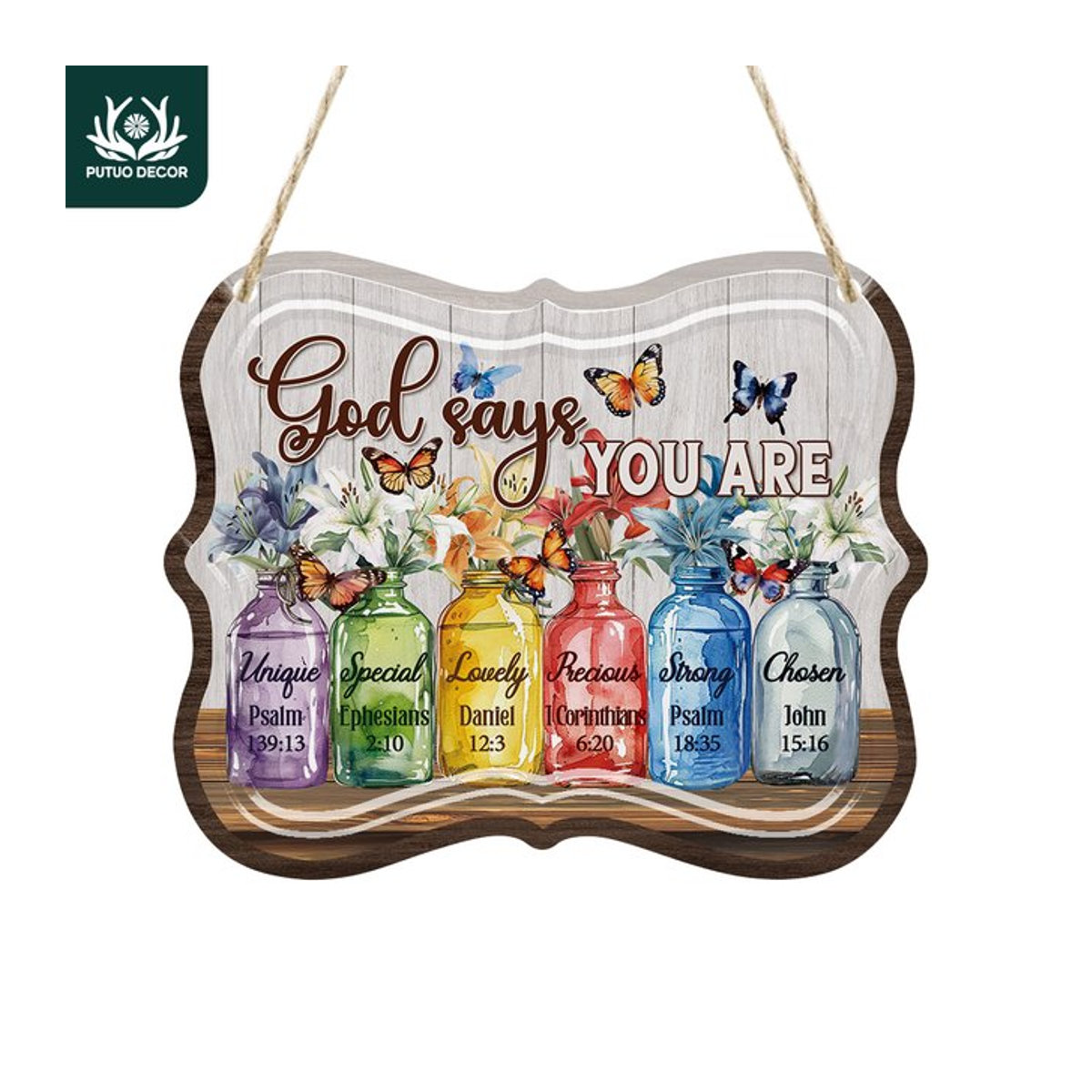 Putuo Decor Vintage-Metallblechschild Gott sagt du bist einzigartig Wandkunst mit floralem Design in Mehrfarbig - Bild 1