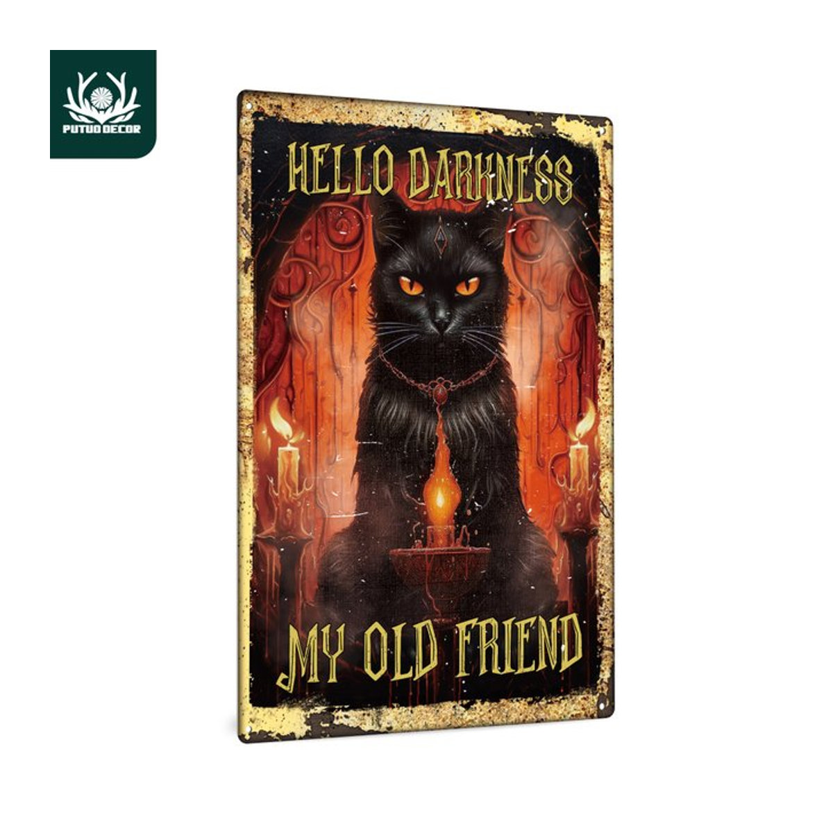 Putuo Decor Vintage-Metallblechschild Hello Darkness My Old Friend Wandkunst-Dekor für Halloween in Mehrfarbig - Bild 1