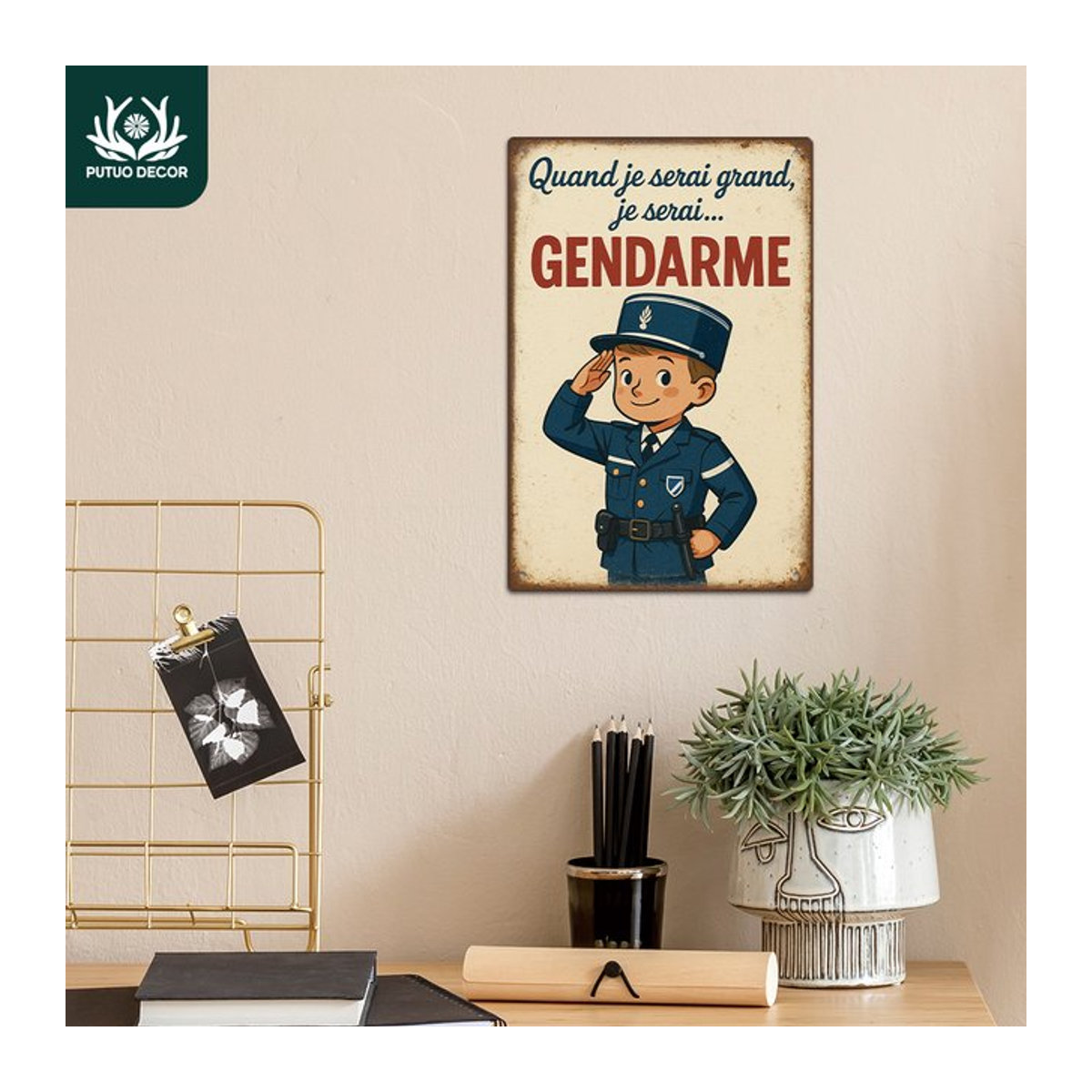 Putuo Decor Vintage Metallblechschild Quand je serai grand, je serai... GENDARME Wandkunst-Dekor für Wohnzimmer in Mehrfarbig, B/H: 20 x 30 cm - Bild 1