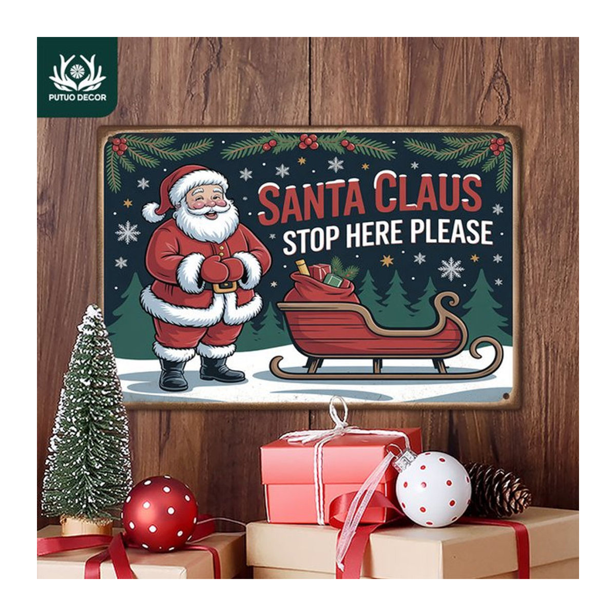 Putuo Decor Vintage Metallblechschild Santa Claus Stop Here Weihnachtsdekoration mehrfarbig - Bild 1