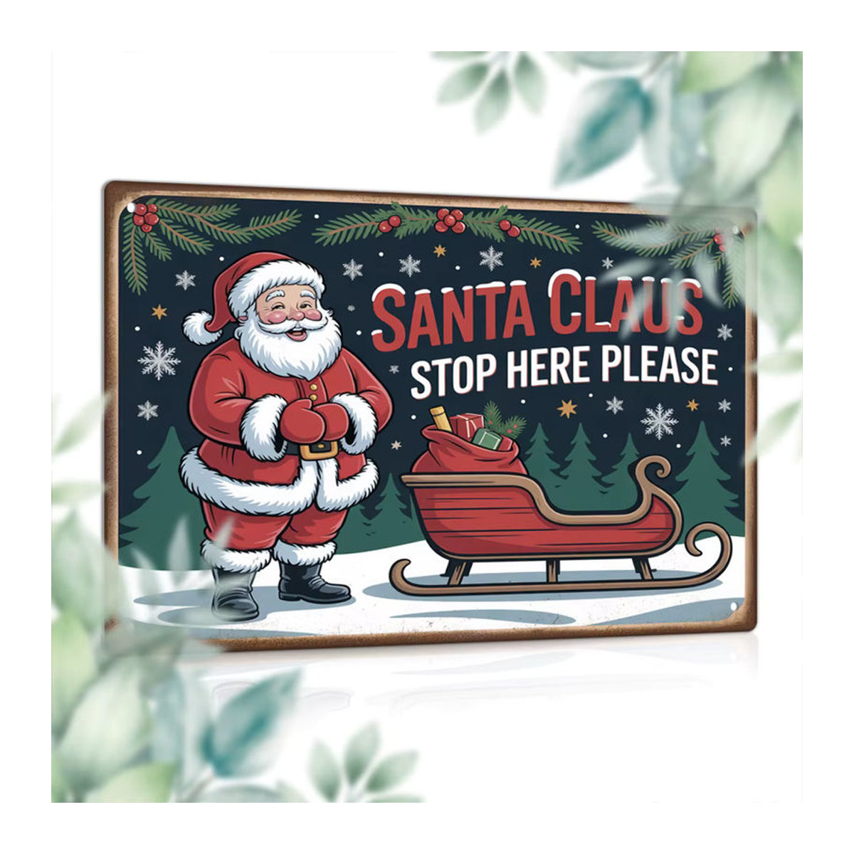 Putuo Decor Vintage Metallblechschild Santa Claus Stop Here Weihnachtsdekoration mehrfarbig - Bild 2