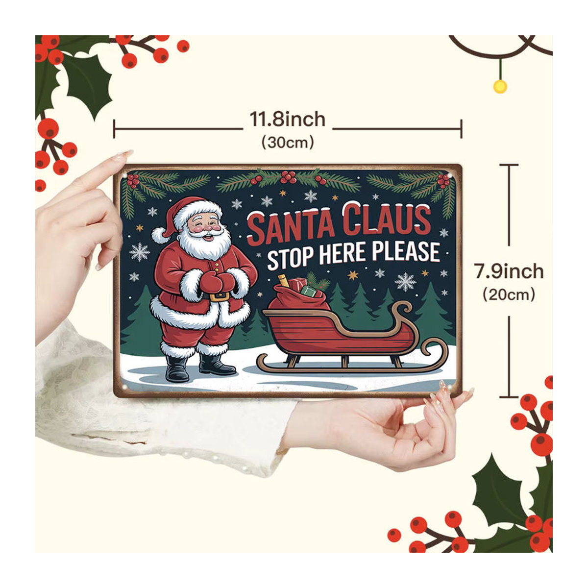 Putuo Decor Vintage Metallblechschild Santa Claus Stop Here Weihnachtsdekoration mehrfarbig - Bild 3