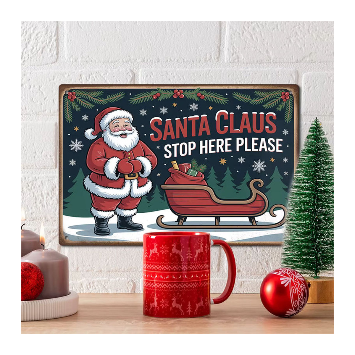 Putuo Decor Vintage Metallblechschild Santa Claus Stop Here Weihnachtsdekoration mehrfarbig - Bild 5