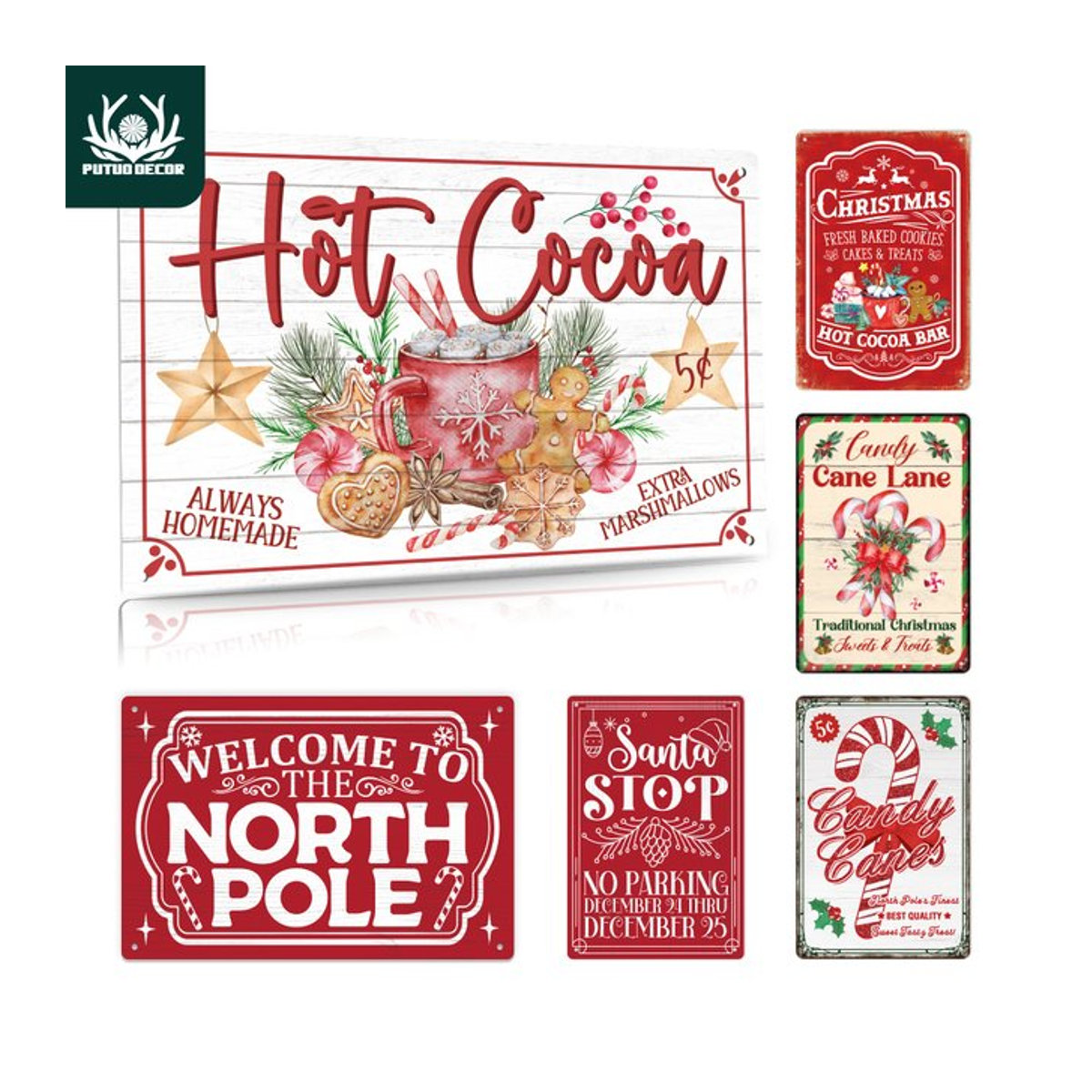 Putuo Decor Vintage-Metallblechschild Weihnachten Hot Cocoa Welcome to the North Pole Santa Stop mehrfarbig - Bild 1