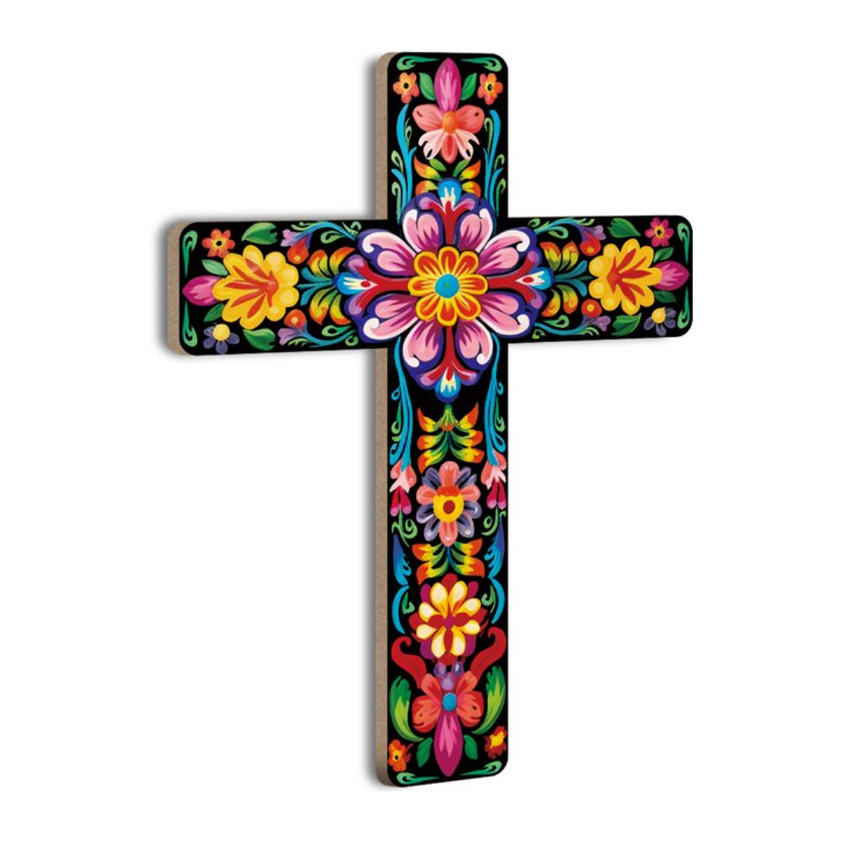 Putuo Decor Wandkreuz aus Holz im mexikanischen Stil mit floralem Design, mehrfarbig - Bild 1