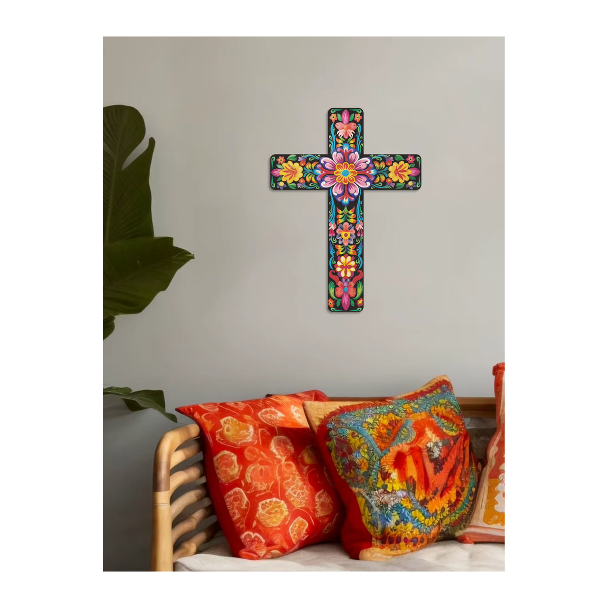 Putuo Decor Wandkreuz aus Holz im mexikanischen Stil mit floralem Design, mehrfarbig - Bild 4
