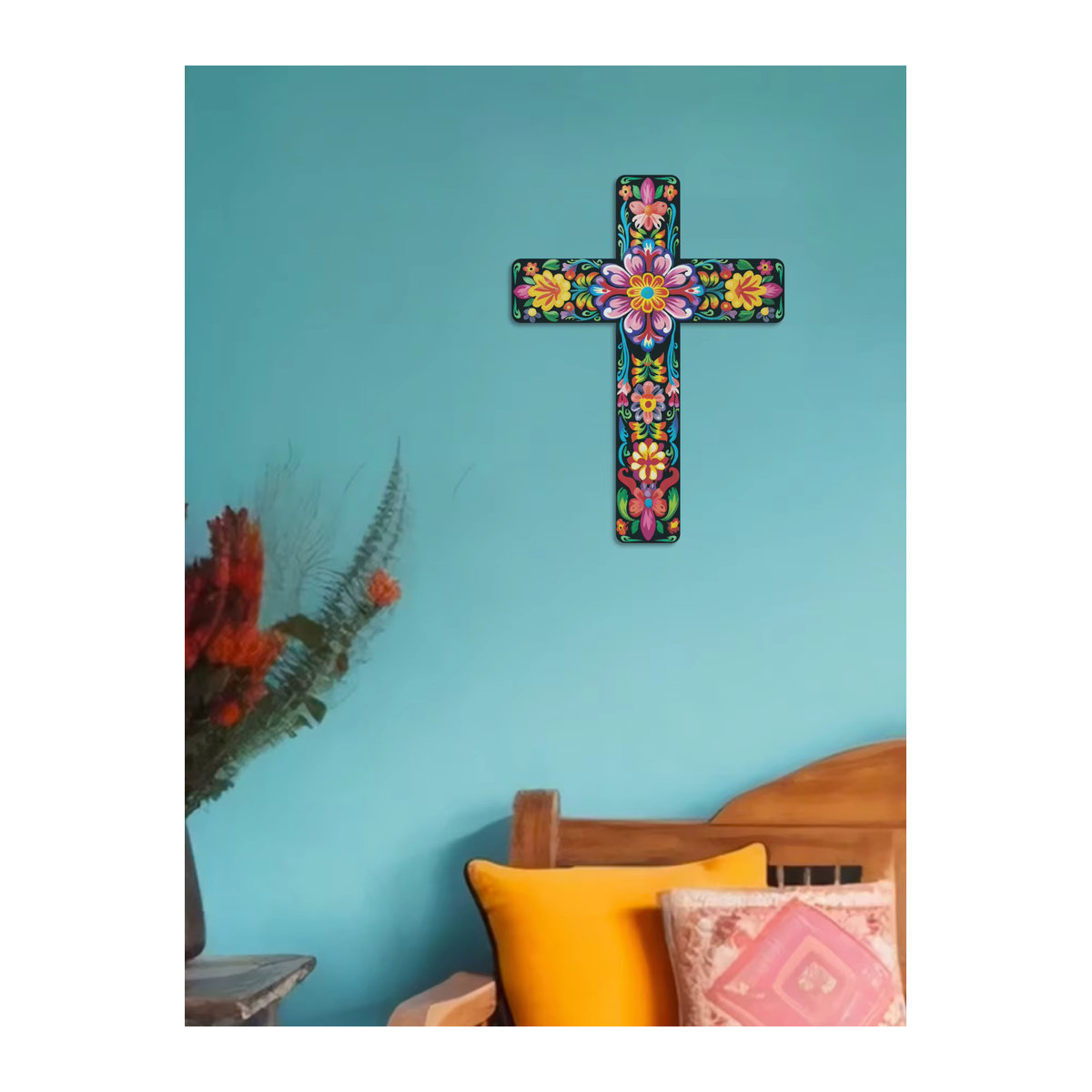 Putuo Decor Wandkreuz aus Holz im mexikanischen Stil mit floralem Design, mehrfarbig - Bild 5