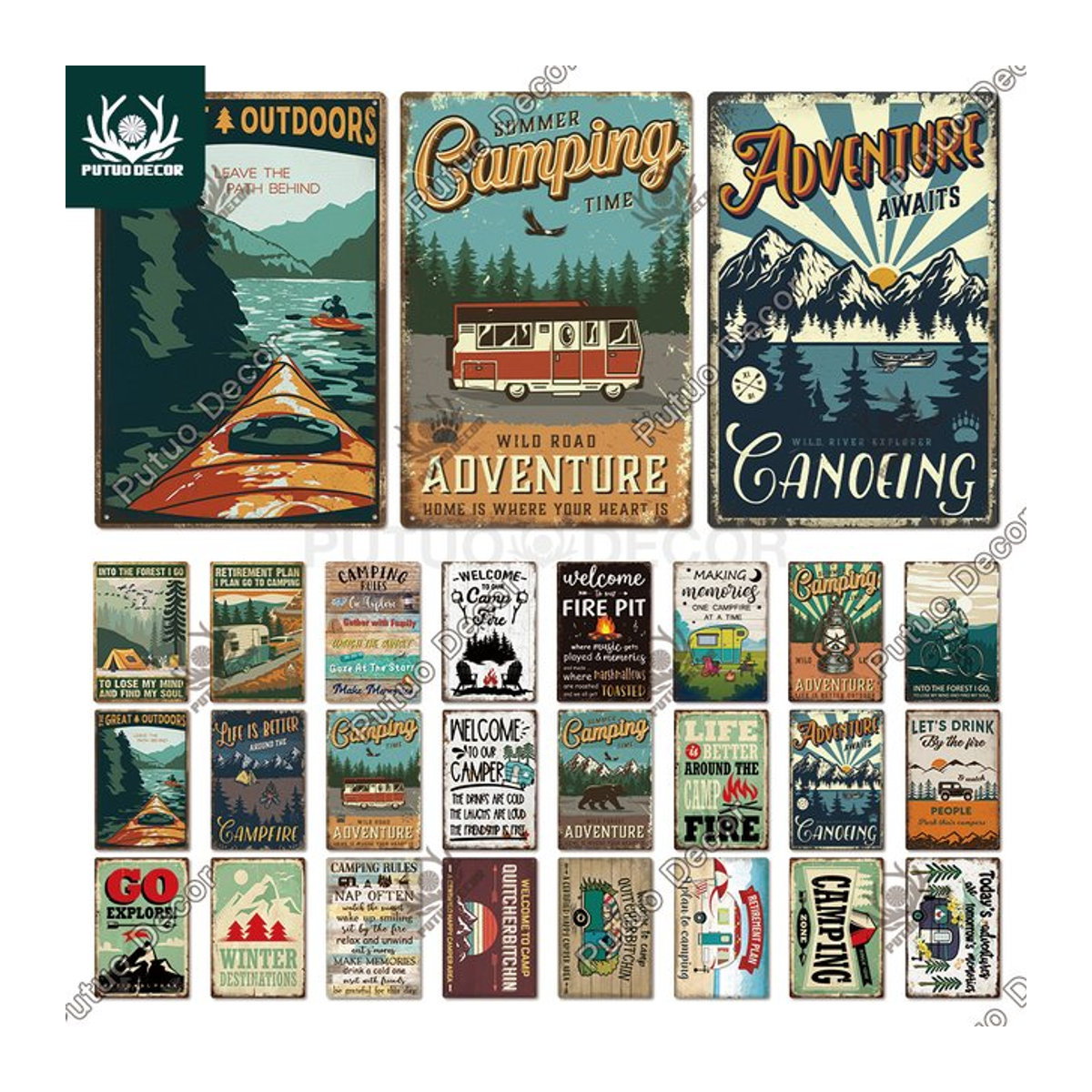 Putuo Dekor Camping Blechschild Vintage Metallplatte Retro Wandkunst Landschaft Mehrfarbig B: 30 cm, H: 29,97 cm - Bild 1