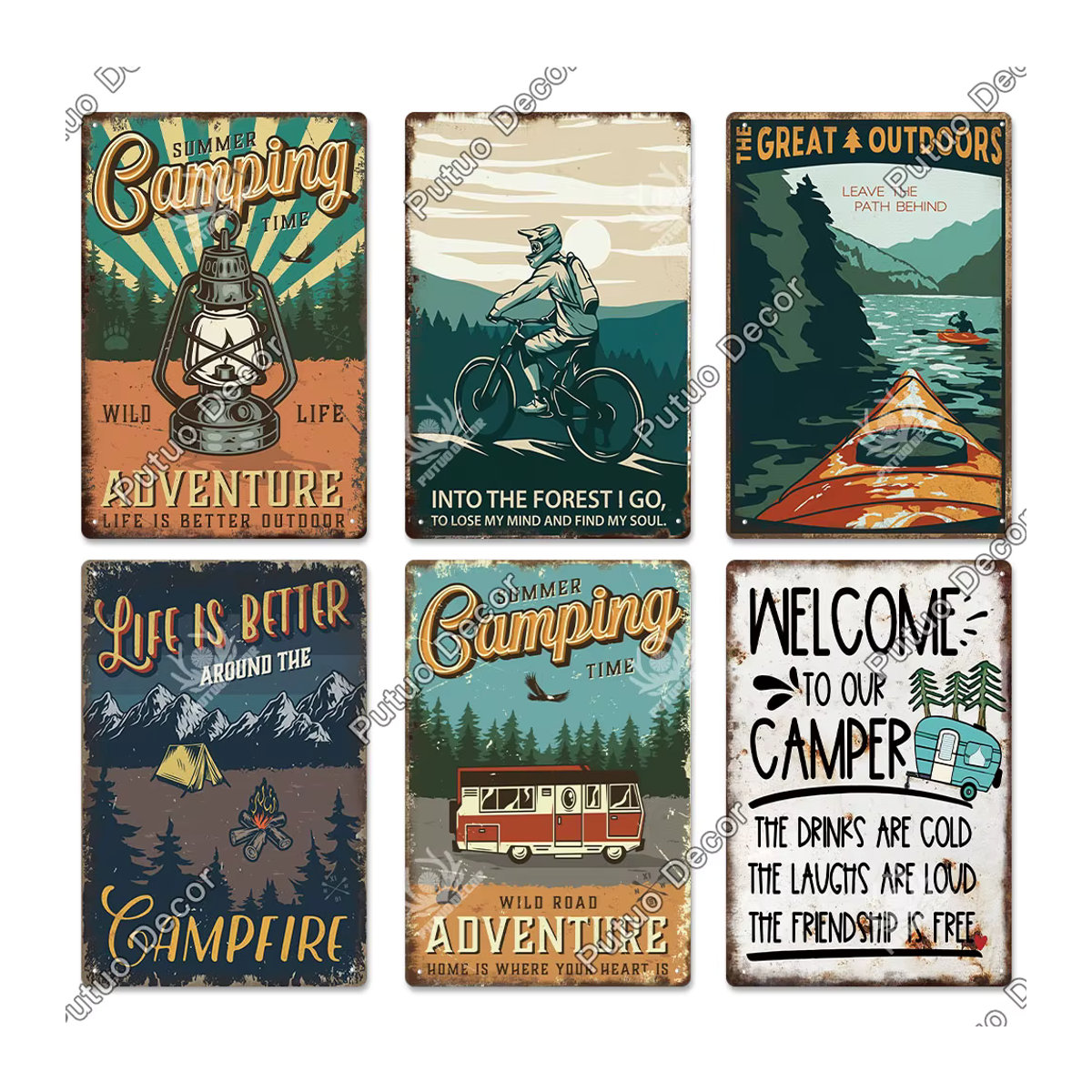 Putuo Dekor Camping Blechschild Vintage Metallplatte Retro Wandkunst Landschaft Mehrfarbig B: 30 cm, H: 29,97 cm - Bild 2