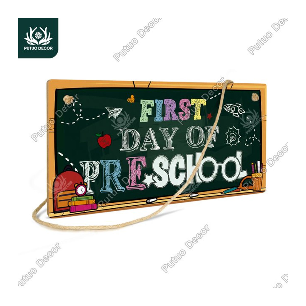 Putuo Dekor Holzschild Erster Tag der Vorschule Hängende Wanddekoration für Kinder Mehrfarbig Rechteckig - Bild 1