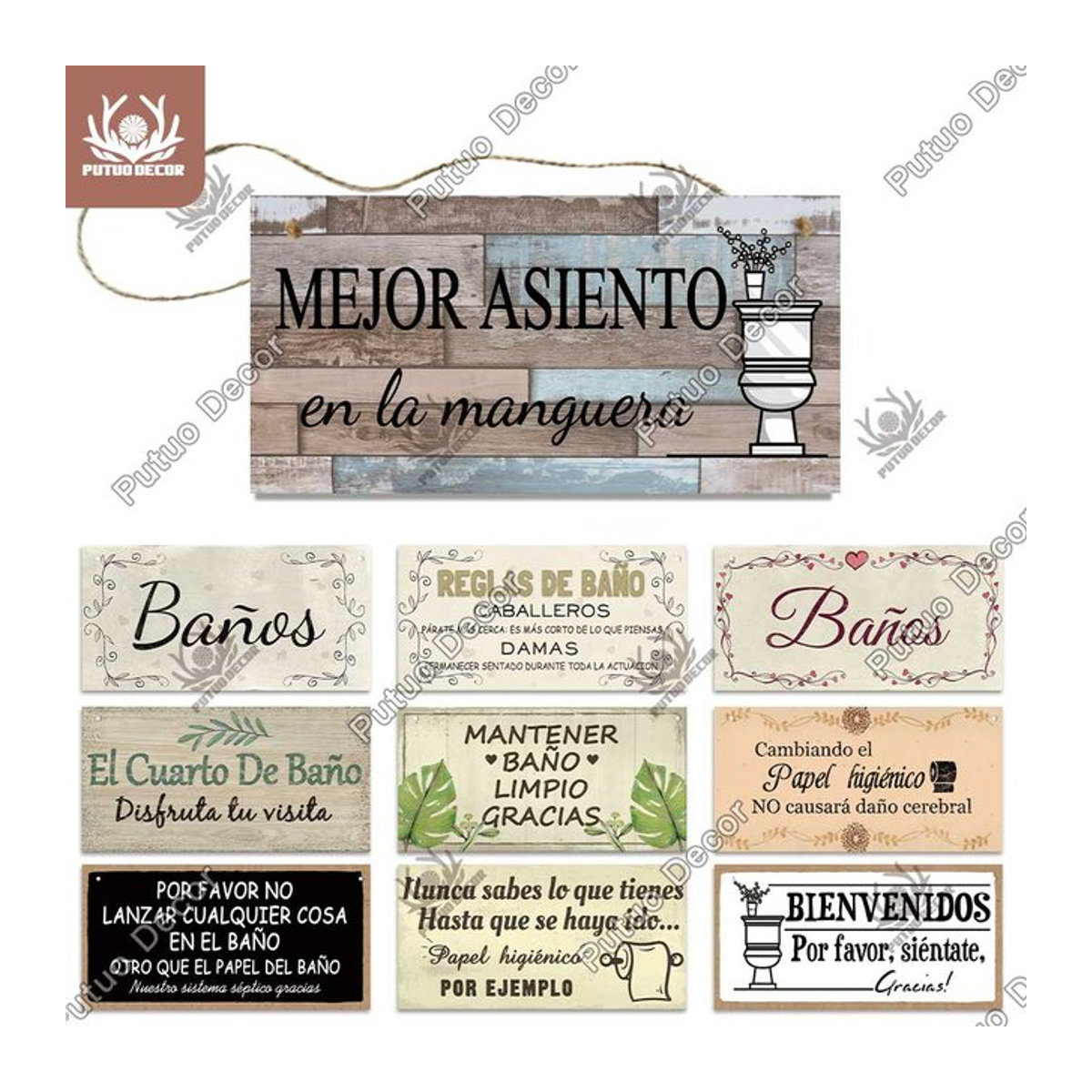 Putuo Dekor Holzschild mit spanischem Schriftzug als rustikale Türanhänger für Toilette, Bar oder Wohnkultur, mehrfarbig und rechteckig - Bild 1