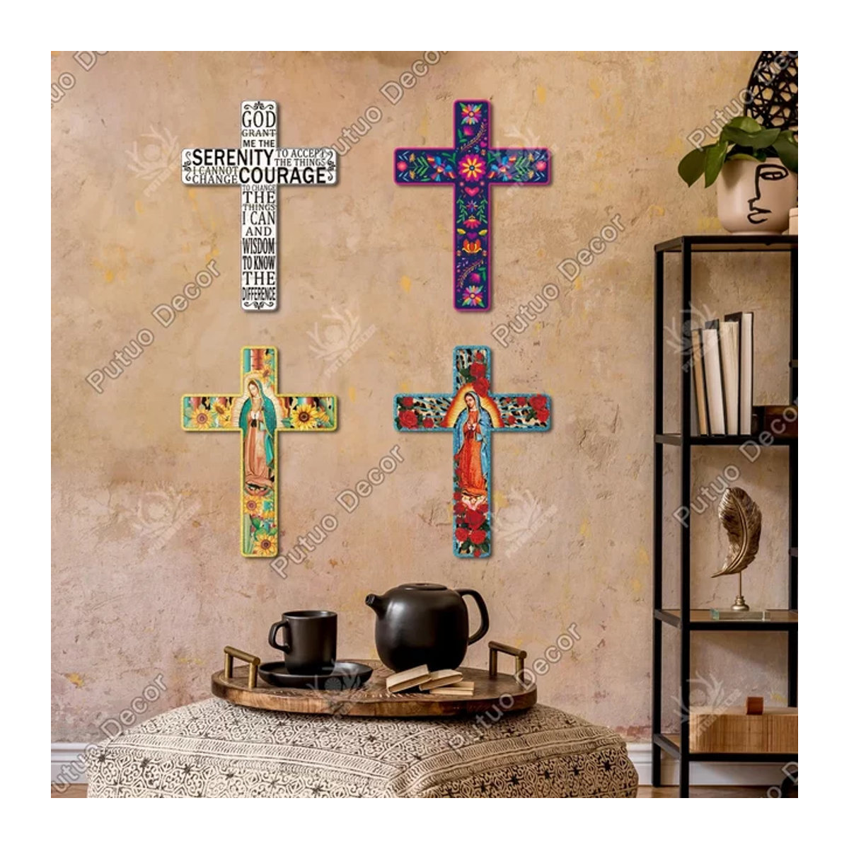 Putuo Dekor Mexikanisches Kruzifix aus Holz als Wanddeko mit Madonna-Motiv, mehrfarbig, B: 40,39 cm, H: 30 cm - Bild 1