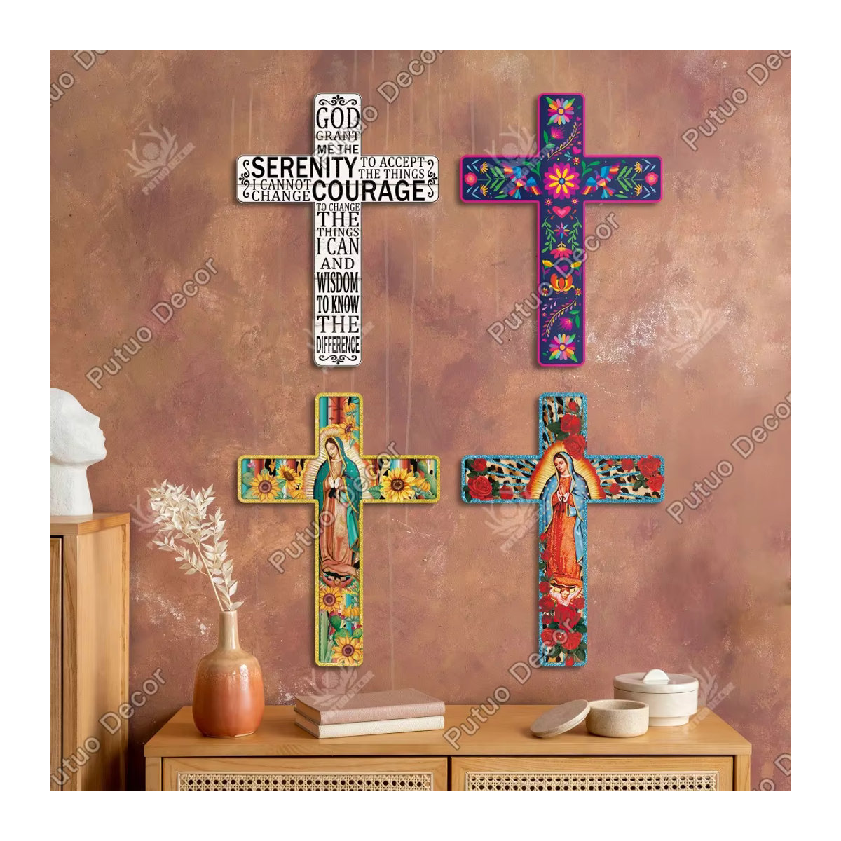 Putuo Dekor Mexikanisches Kruzifix aus Holz als Wanddeko mit Madonna-Motiv, mehrfarbig, B: 40,39 cm, H: 30 cm - Bild 2