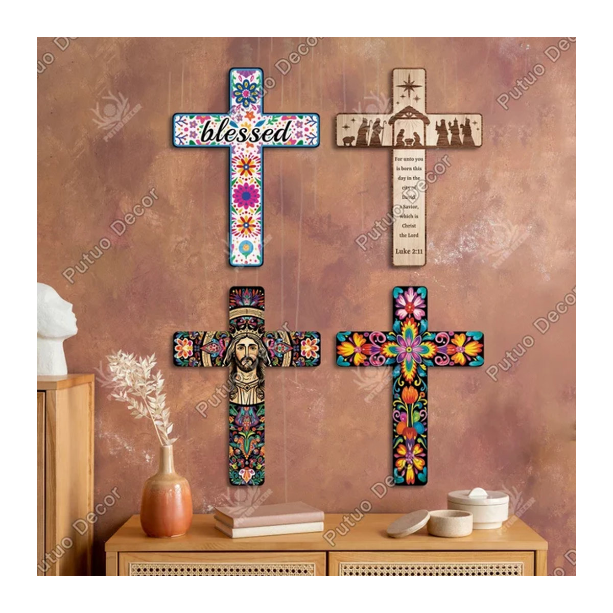 Putuo Dekor Mexikanisches Kruzifix aus Holz als Wanddekoration im Landhausstil mit floralem Design, Mehrfarbig, B: 40,4 cm, H: 30,2 cm, T: 29,9 cm - Bild 1