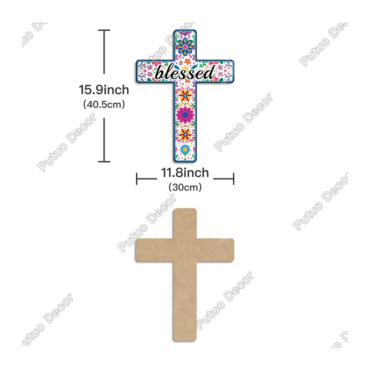 Putuo Dekor Mexikanisches Kruzifix aus Holz als Wanddekoration im Landhausstil mit floralem Design, Mehrfarbig, B: 40,4 cm, H: 30,2 cm, T: 29,9 cm - Bild 2
