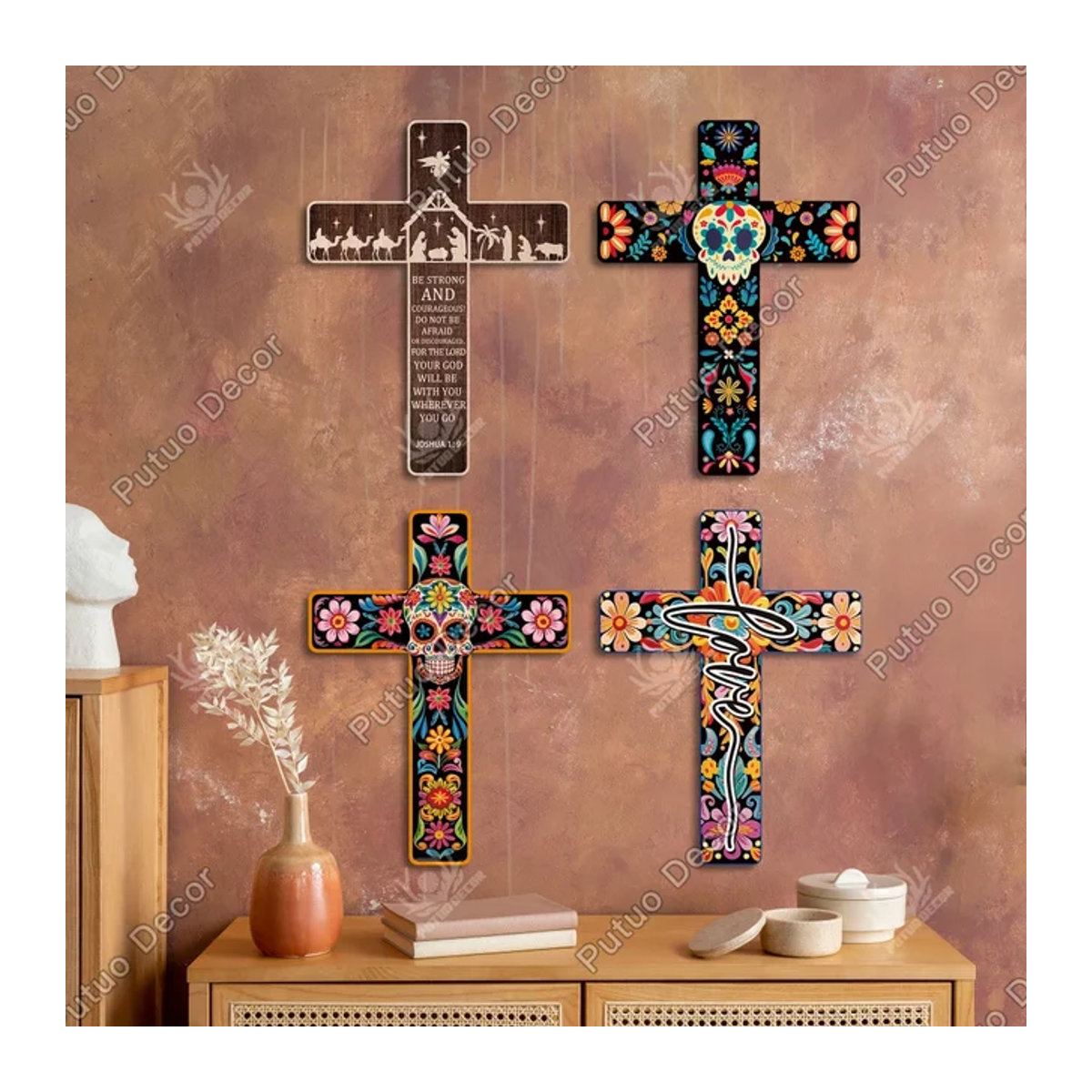 Putuo Dekor Mexikanisches Kruzifix aus Holz als Wanddekoration im Tag des Todes Stil, mehrfarbig, B: 40,39 cm, H: 30,22 cm - Bild 1