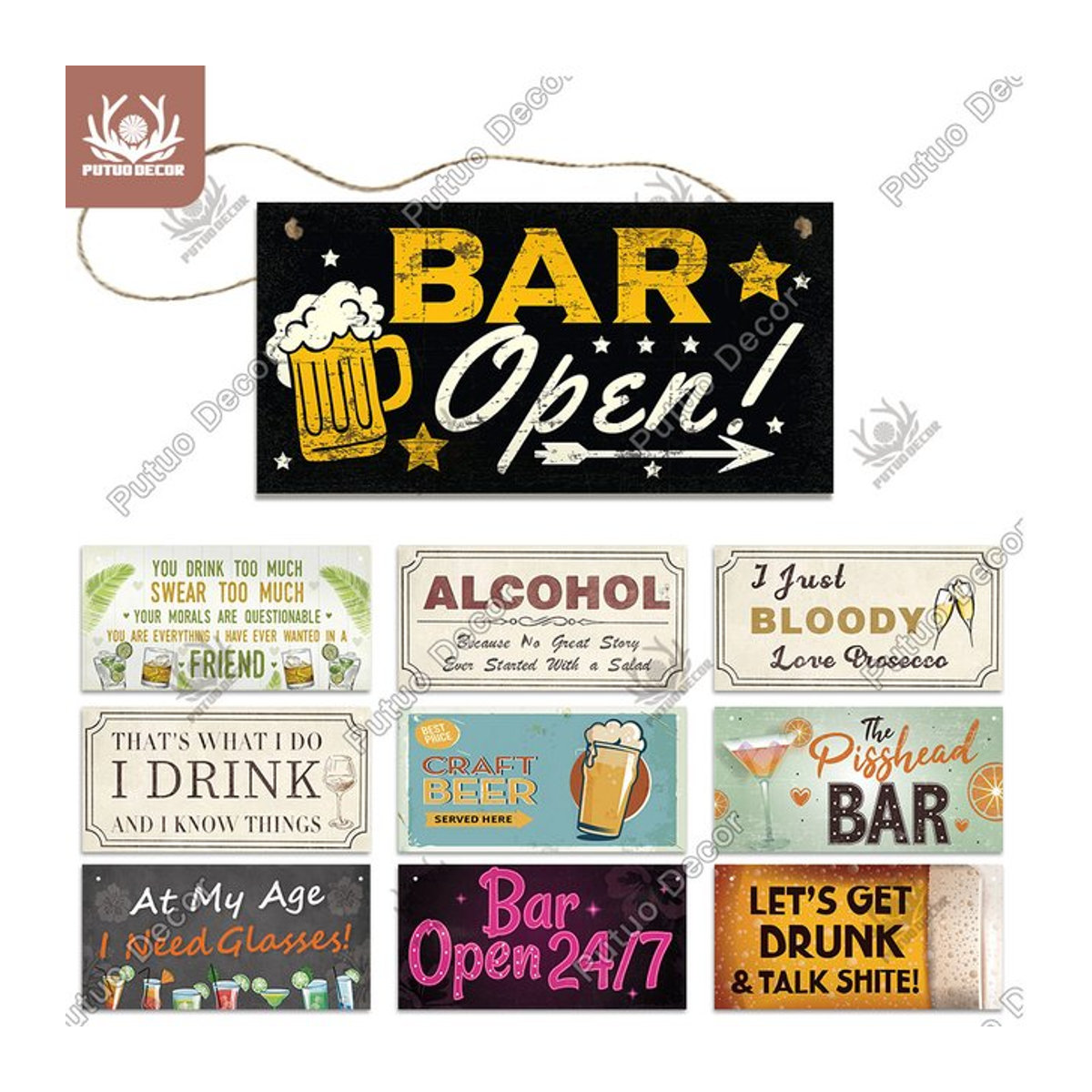 Putuo Dekor Vintage Holzschild für Bar und Club, mehrfarbige Wanddekoration in Rechteckform - Bild 1
