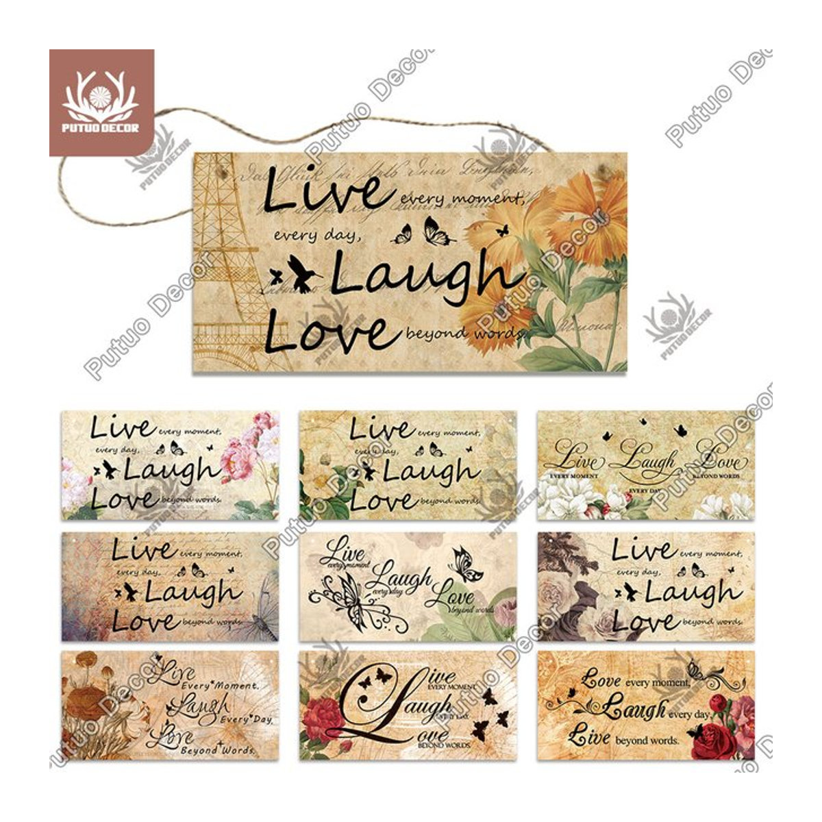 Putuo Dekor Wanddekoration aus Holz mit Zitat Familie Leben Lachen Liebe Freundschaft in Beige im Vintage-Stil - Bild 1