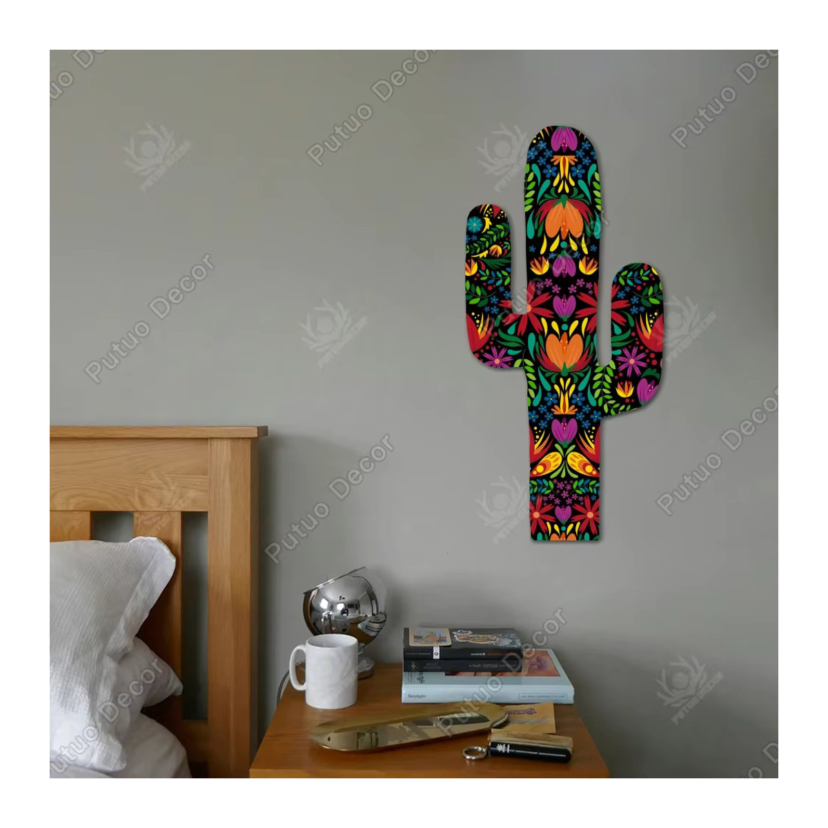 Putuo Dekor Wandkunst aus Holz im mexikanischen Kaktus-Design, Bohemian Wanddeko in Mehrfarbig für Wohnzimmer und Schlafzimmer - Bild 2