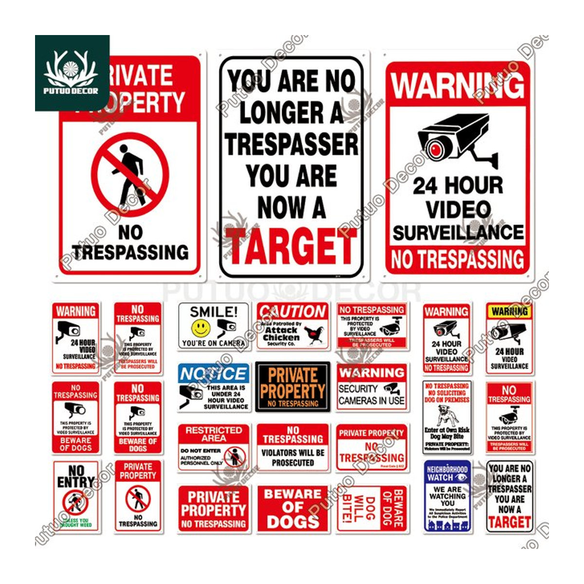 Putuo Dekor Warnschild Metall Kein Betreten und Videoüberwachung Wandkunst Plakette in Weiß, B: 20,32 cm, H: 30 cm - Bild 1