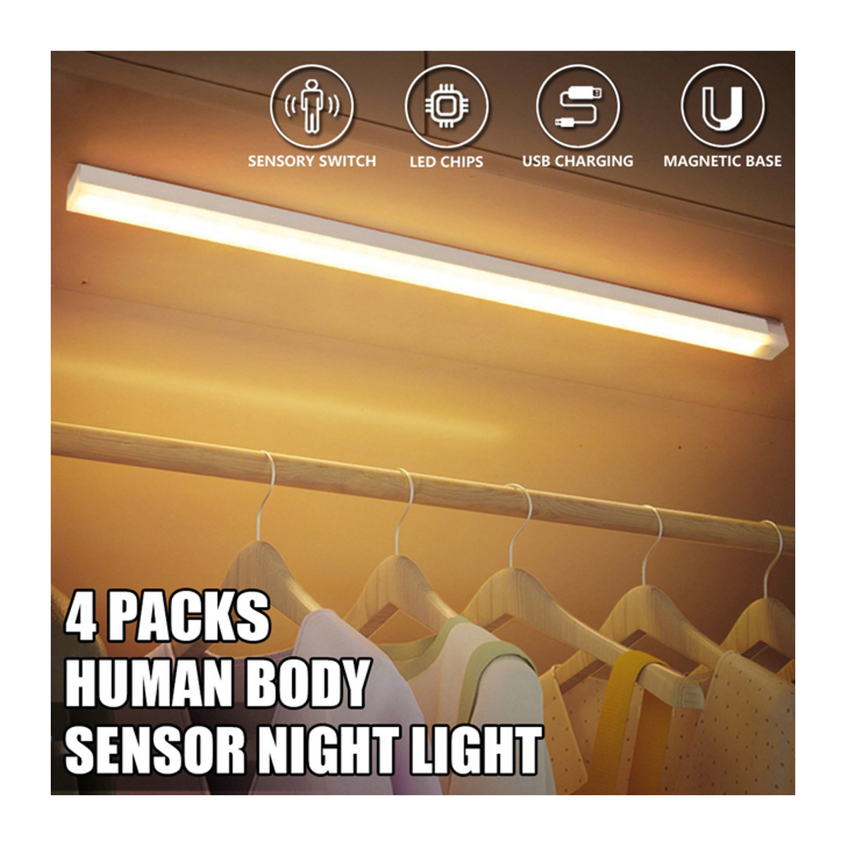 Pzsunly LED-Bewegungsmelder Set mit 4 Stück, kabellos und wiederaufladbar, warmweiß, weiße Möbelbeleuchtung für Schrank, Küche und Flur - Bild 1