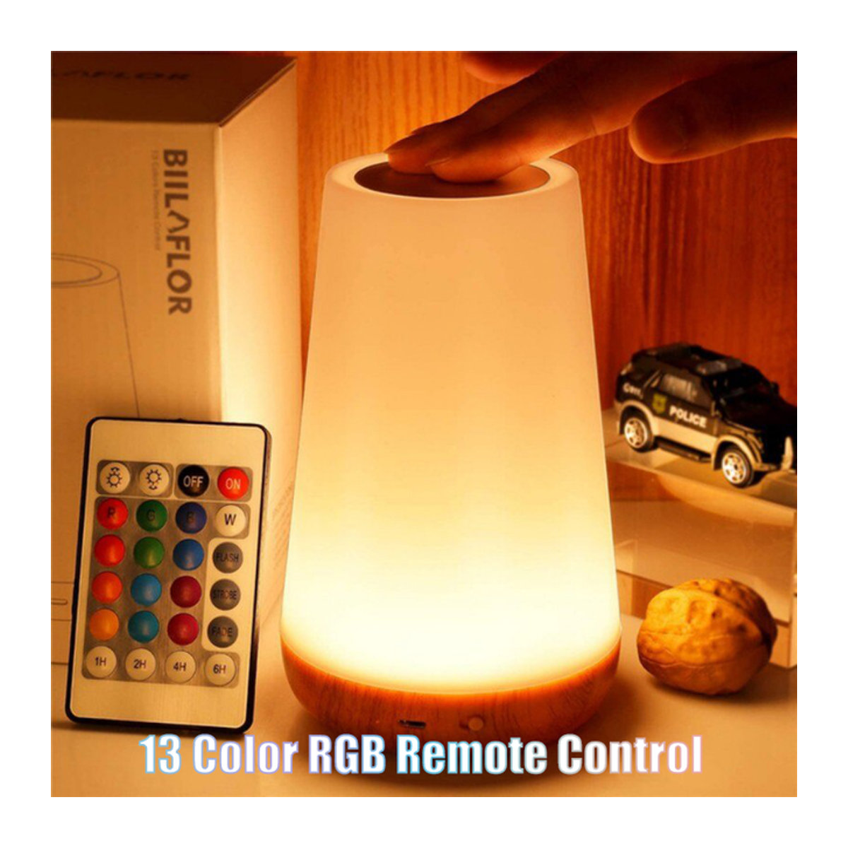 Pzsunly RGB Tischlampe mit 13 Farben, Touch-Dimmer und Fernbedienung, wiederaufladbare tragbare Nachttischlampe in Bunt, minimalistisches Design - Bild 1