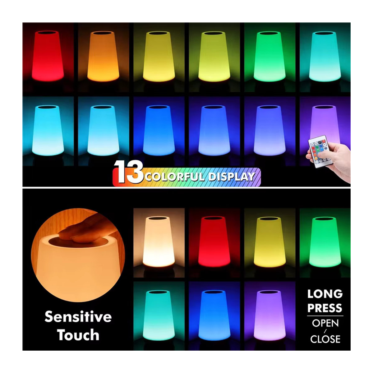 Pzsunly RGB Tischlampe mit 13 Farben, Touch-Dimmer und Fernbedienung, wiederaufladbare tragbare Nachttischlampe in Bunt, minimalistisches Design - Bild 6