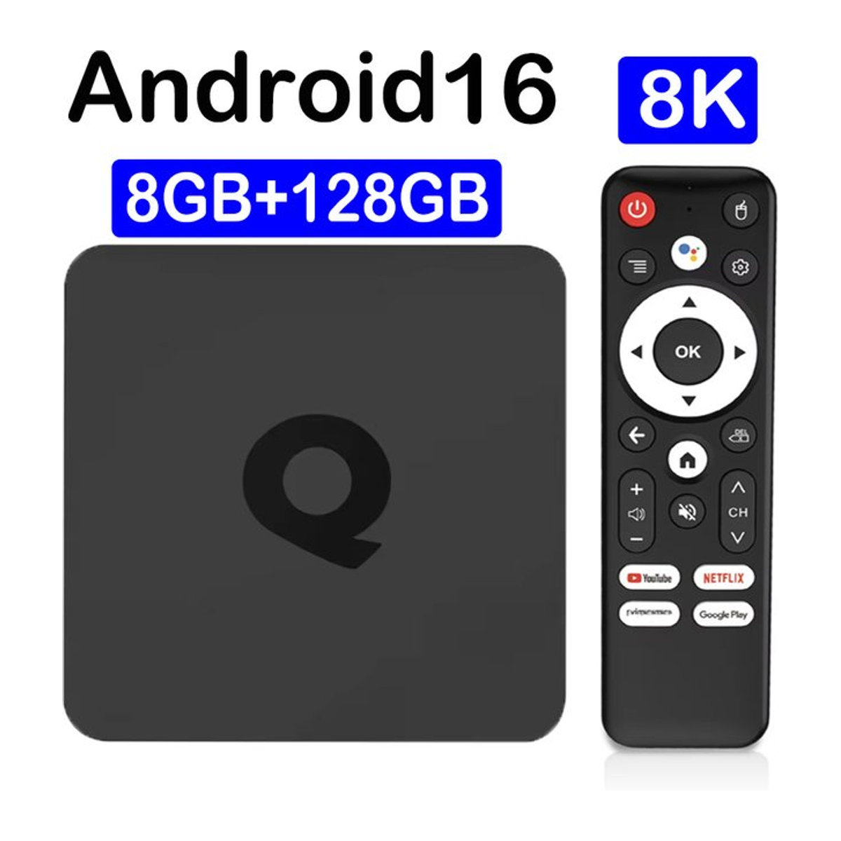 Q1 Smart TV Box Android 16 Streaming Media Player mit 8 GB RAM und 128 GB Speicher, Allwinner H313, Bluetooth 6.0, Netflix und Google Assistant, Schwarz - Bild 1