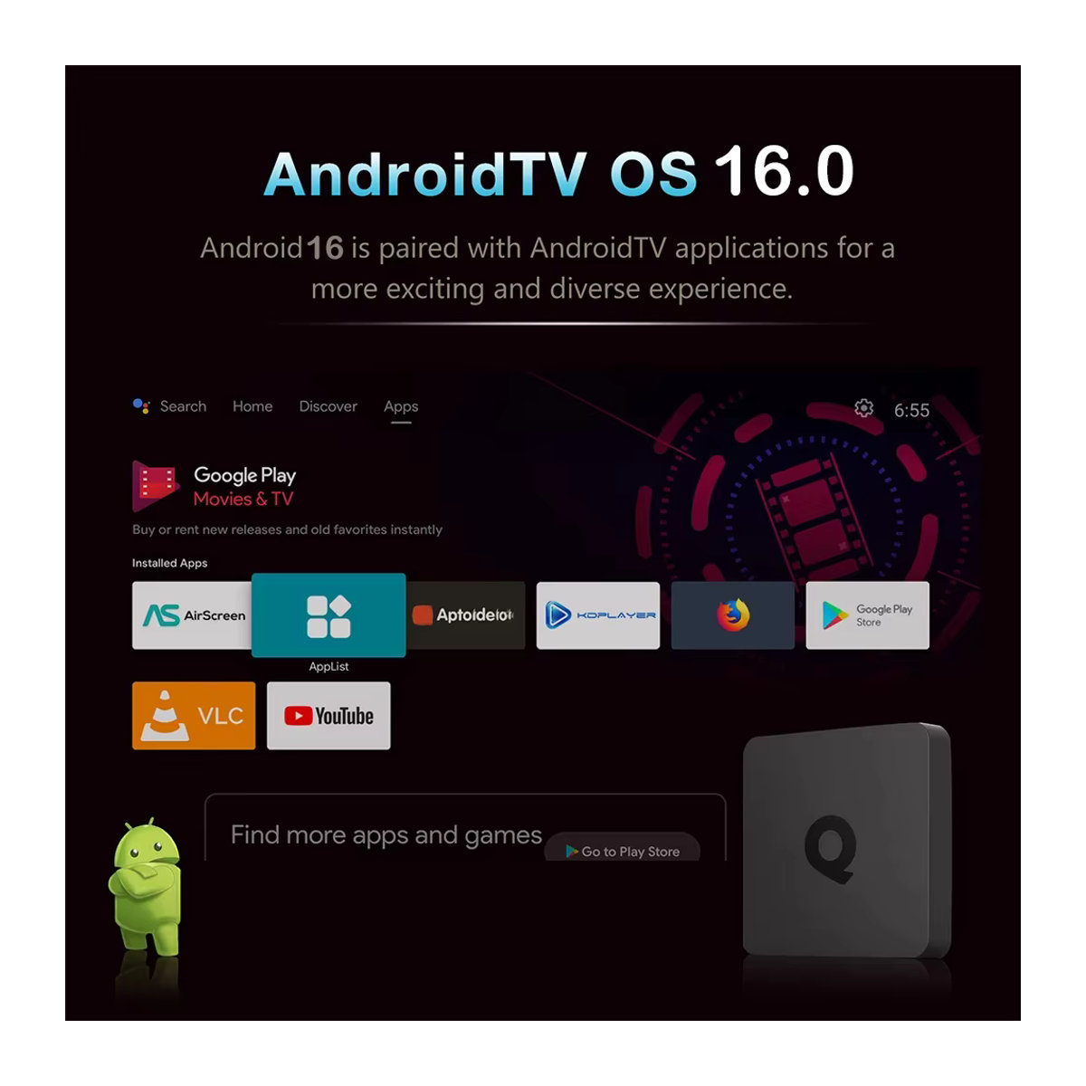 Q1 Smart TV Box Android 16 Streaming Media Player mit 8 GB RAM und 128 GB Speicher, Allwinner H313, Bluetooth 6.0, Netflix und Google Assistant, Schwarz - Bild 3