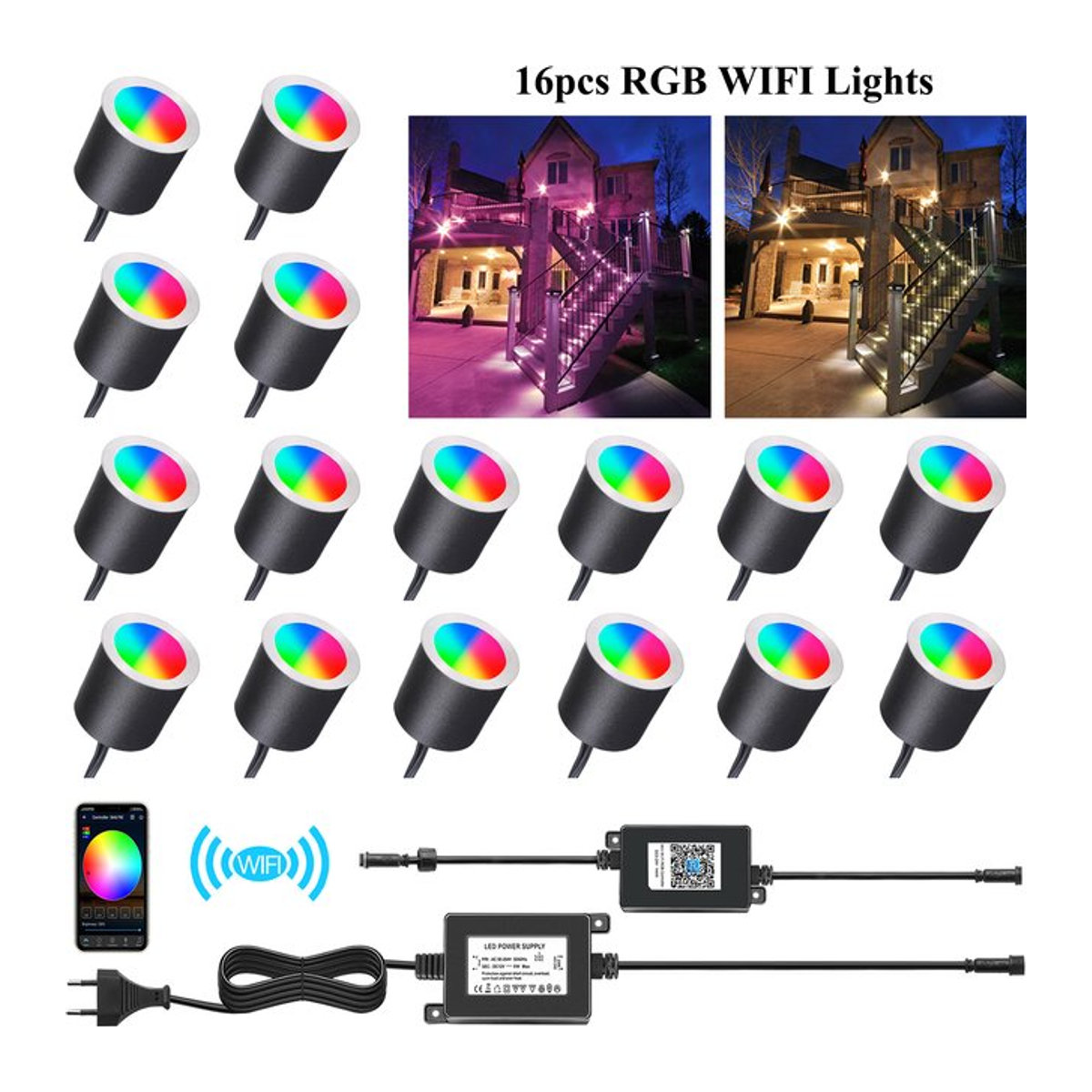 QACA RGB WIFI LED Einbau-Terrassenleuchte IP67 Wasserdicht in Schwarz für Garten und Außenbereich - Bild 1