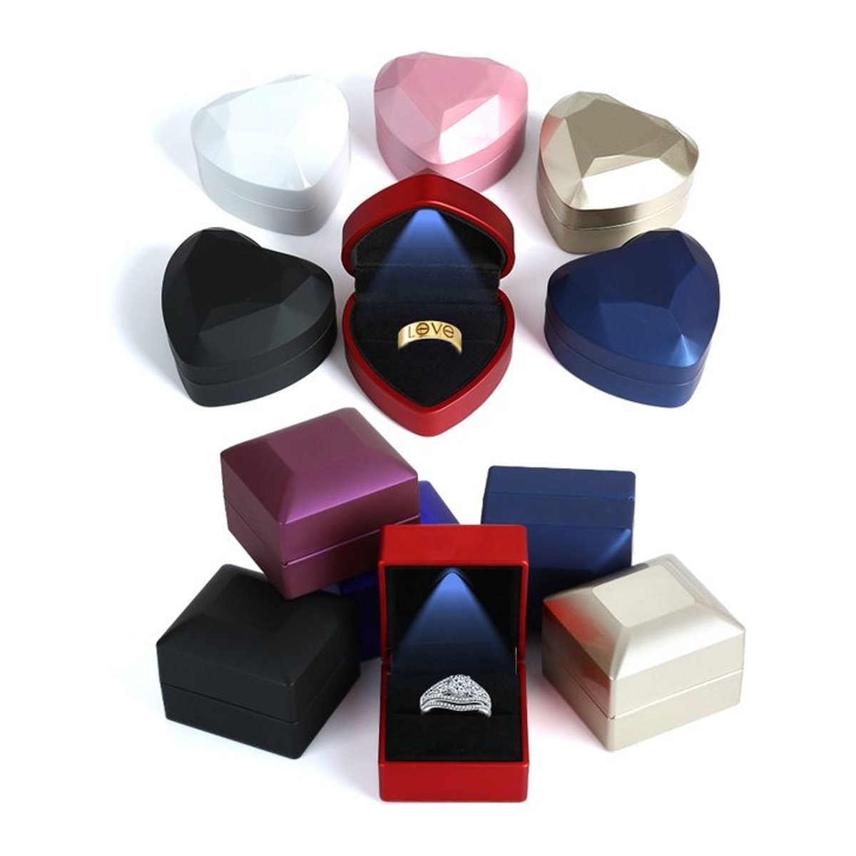 QIAO LED-Lichtringbox aus Samt in Gold für Schmuck-Display und Geschenke, quadratisch - Bild 1